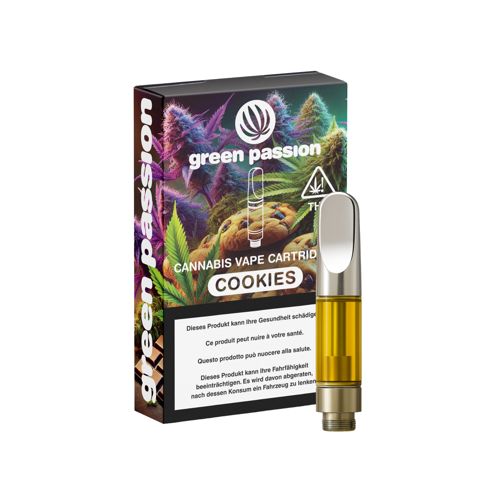 CBD Vape-Cartridge Cookies von Green Passion kaufen – hochwertige 1ml Kartusche mit verführerischem Cookies-Aroma, Verpackung und Kartusche abgebildet.