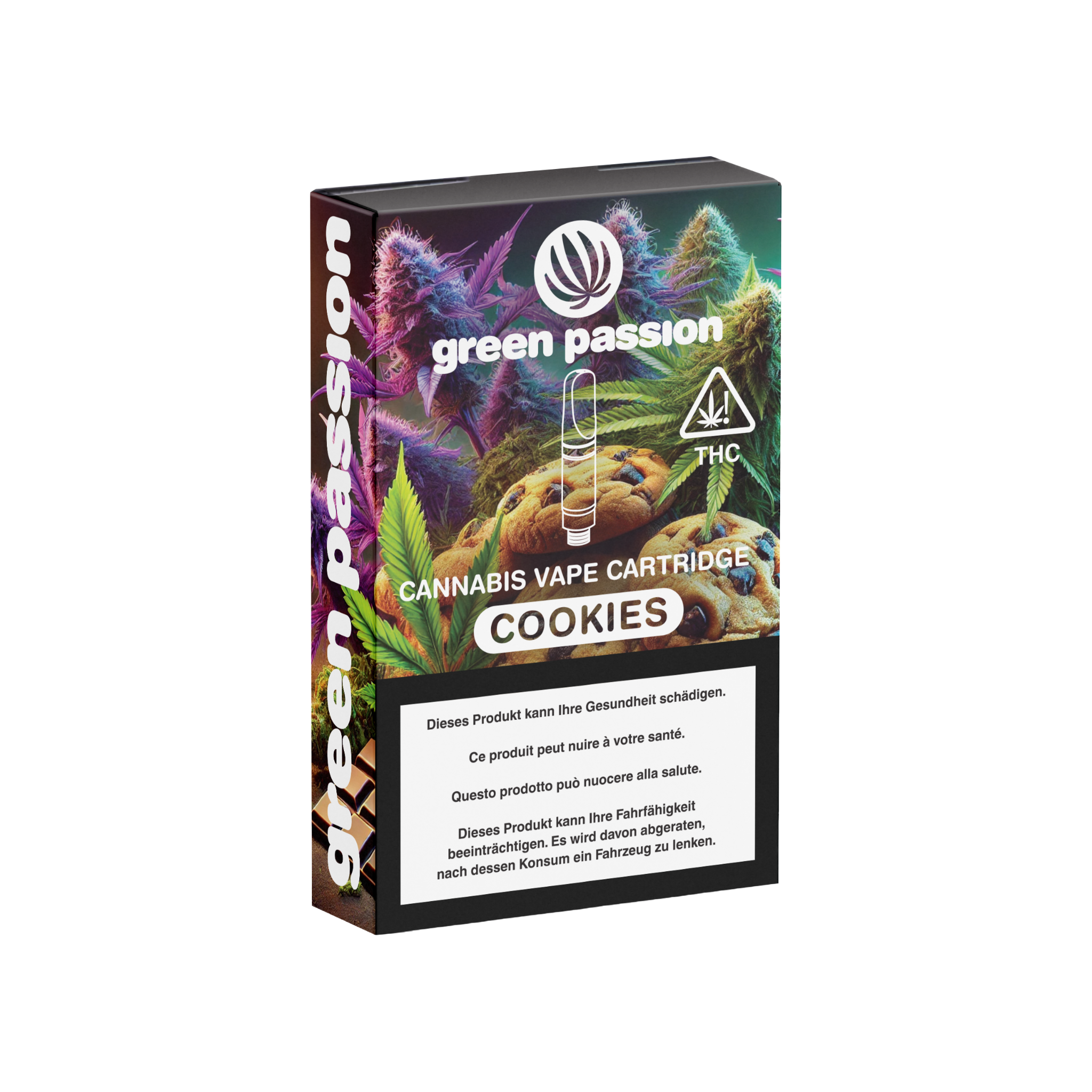 Green Passion CBD Vape Cartridge Cookies à acheter – emballage avec fleurs de chanvre et Cookies, contenant du THC, commande en ligne maintenant en Suisse