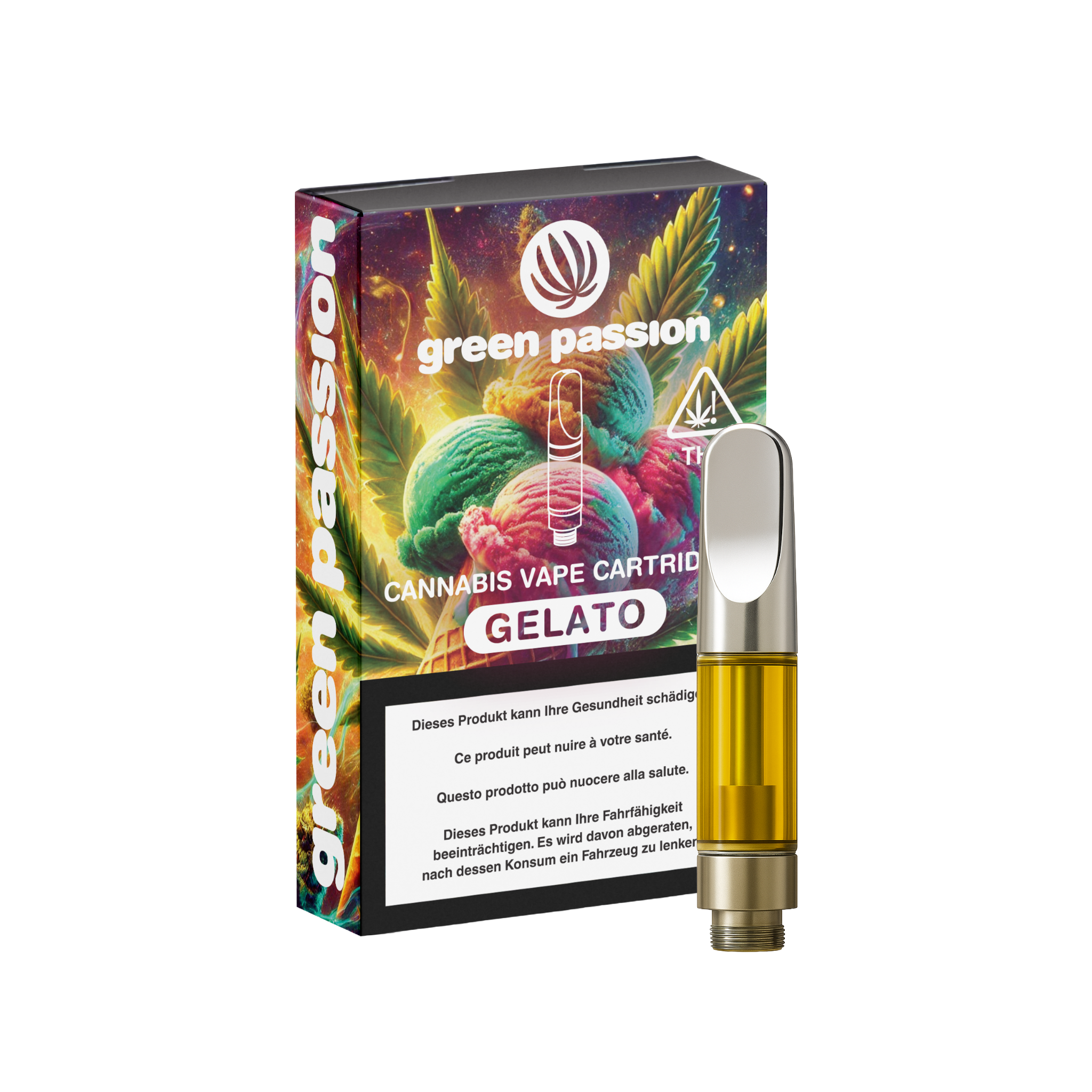 CBD Vape-Cartridge Gelato von Green Passion kaufen – hochwertige 1ml Kartusche mit köstlichem Gelato-Aroma, Verpackung und Kartusche abgebildet.