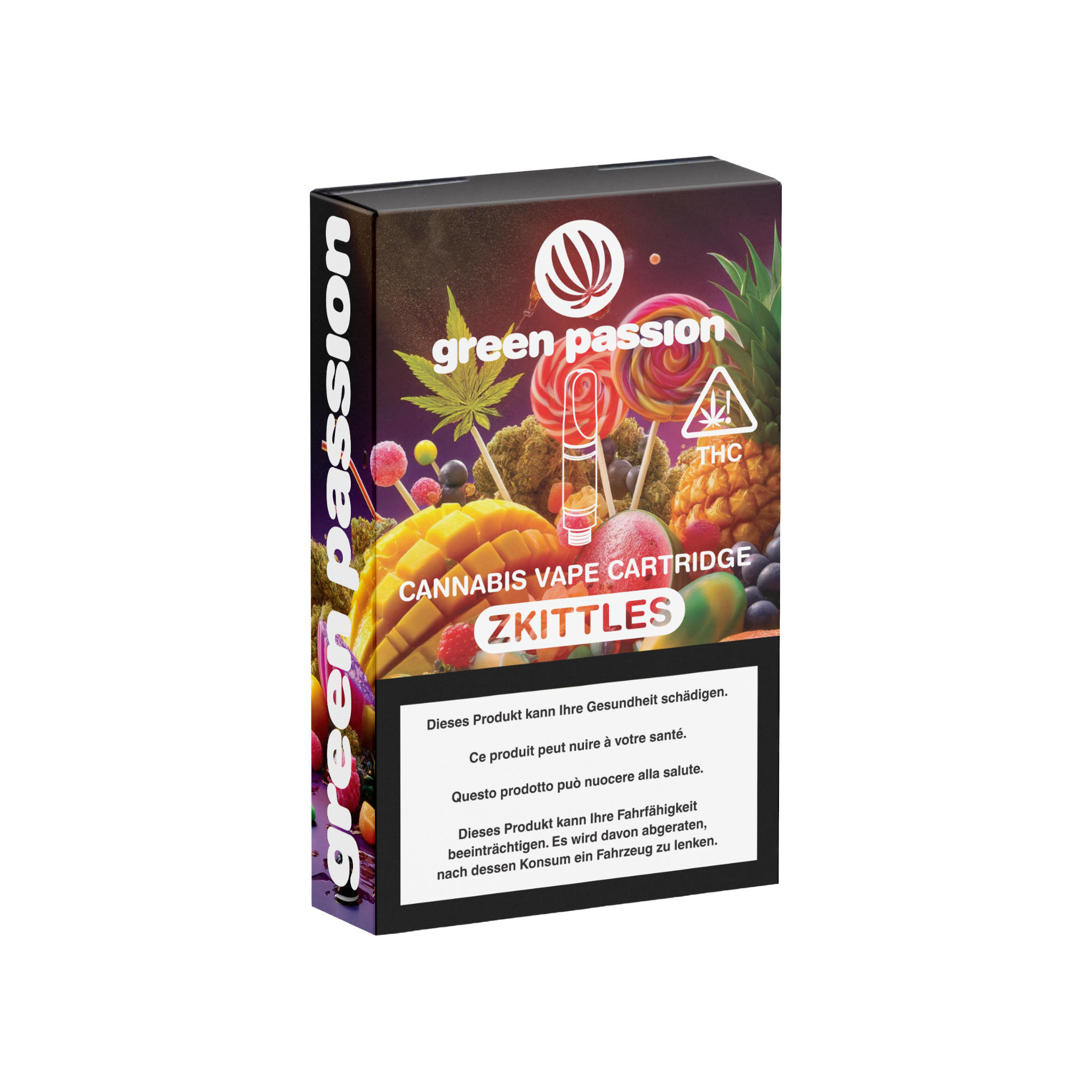 Green Passion CBD Vape Cartridge Zkittles kaufen – Produktverpackung mit Frucht-Mix, THC-haltige Sorte, online erhältlich in der Schweiz