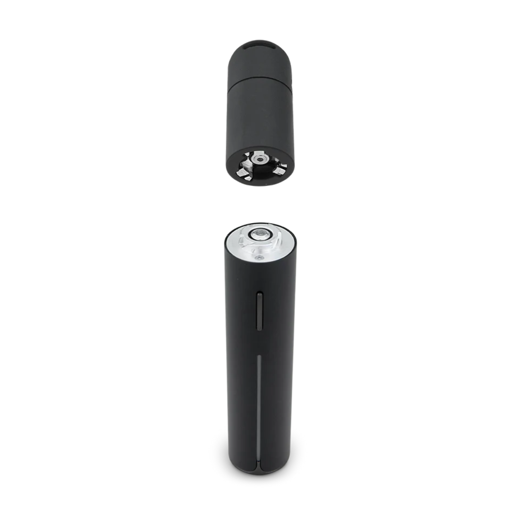 Schwarzer Puffco Pivot Mini Dab Rig Vaporizer, zerlegt in zwei Teile, mit modernem Design auf weißem Hintergrund.