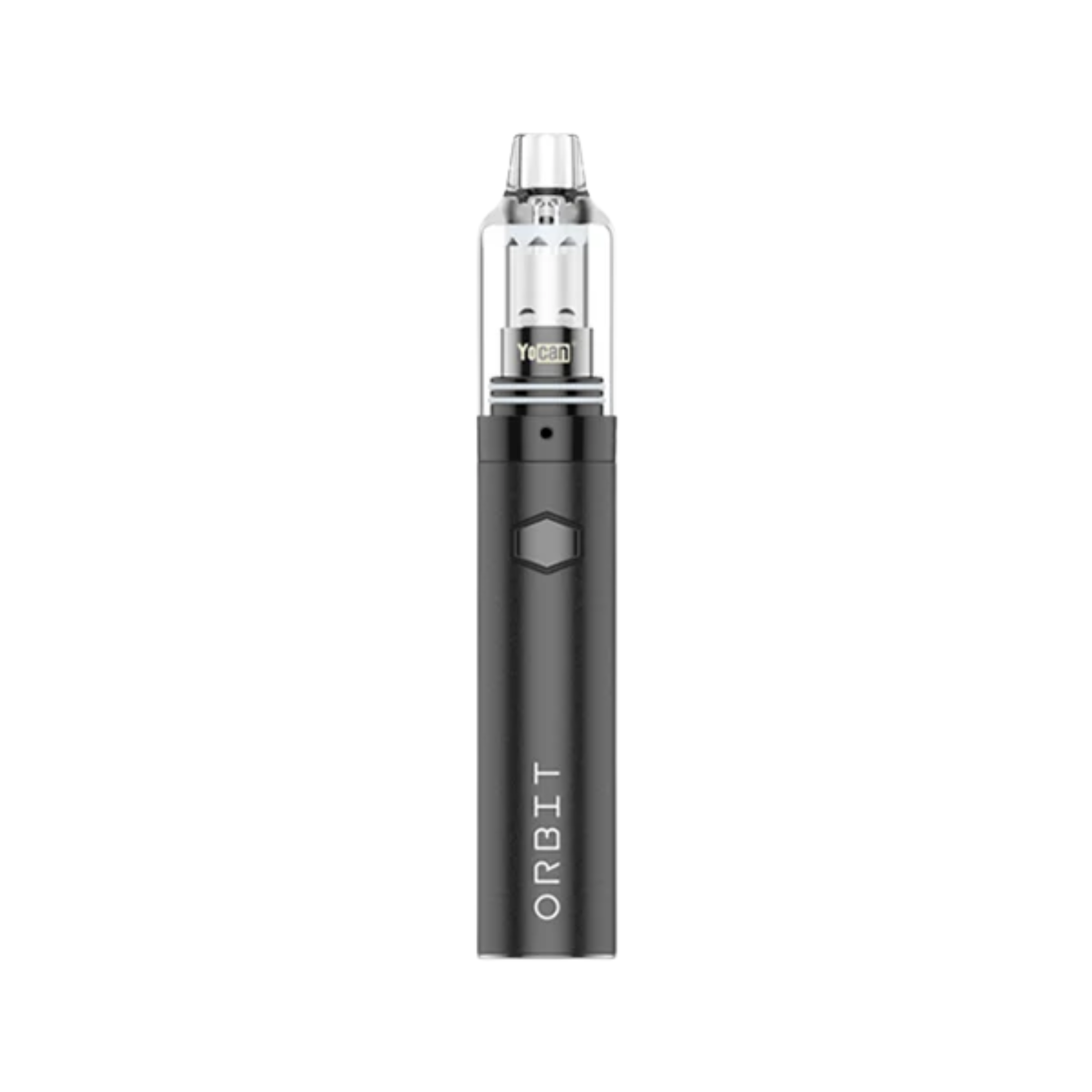 Schwarzer Yocan Orbit Mini Dab Rig Vaporizer mit klarem Glastank und schlankem Design, ideal für diskretes Dampfen.