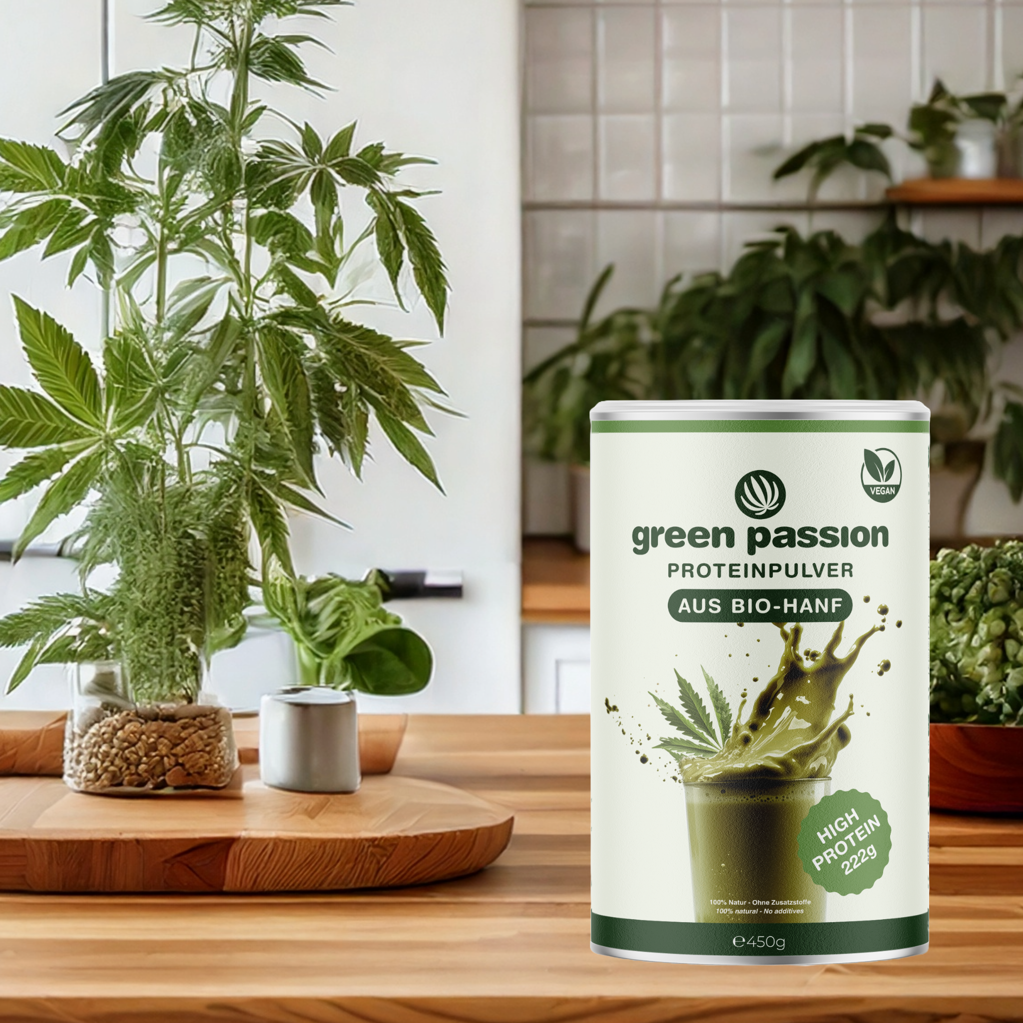 Green Passion Bio-Hanfproteinpulver in stilvoller Aufnahme. Perfekt für Sportler, Veganer und gesundheitsbewusste Menschen.