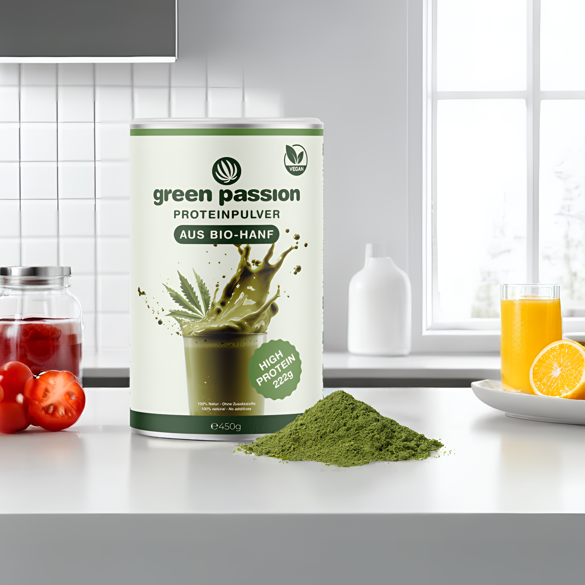 Green Passion Bio-Hanfproteinpulver mit natürlicher Pulverstruktur. Perfekt für eine eiweissreiche Ernährung mit natürlichen Zutaten.