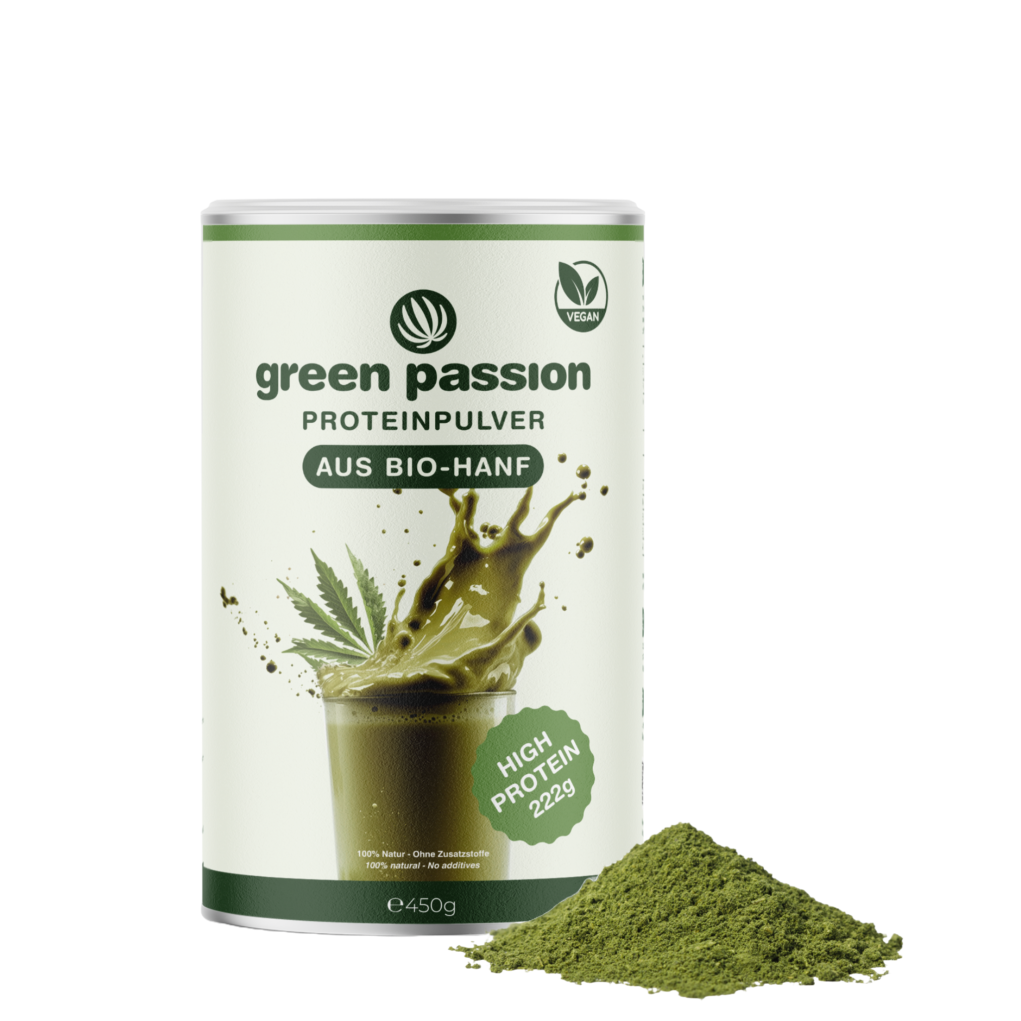 Green Passion Hanfproteinpulver mit feiner Konsistenz. Ideal für Smoothies, Müslis oder als pflanzliche Proteinquelle im Alltag.
