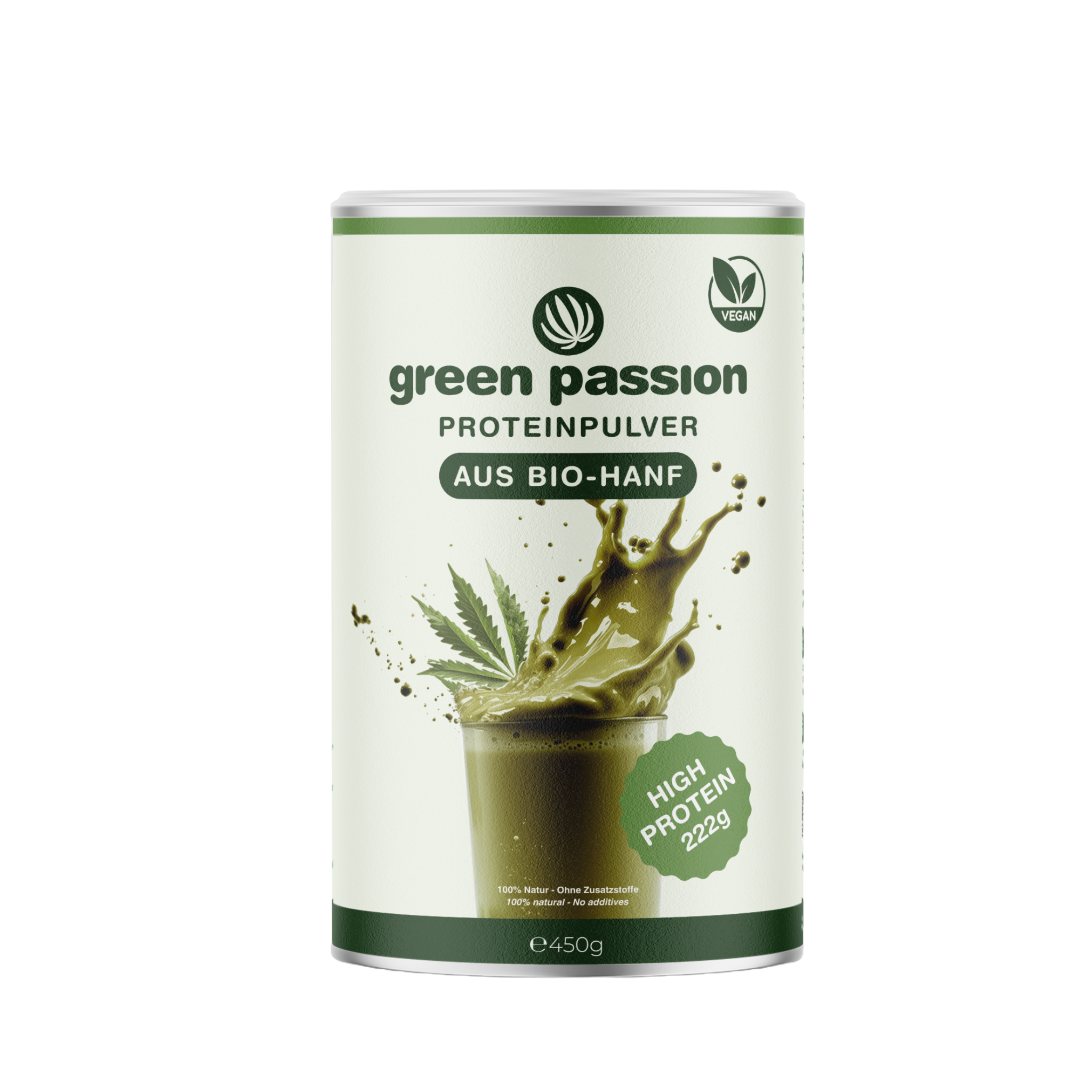 Green Passion Hanfproteinpulver in umweltfreundlicher Dose. Bio, vegan und reich an Proteinen für eine gesunde und nachhaltige Ernährung.