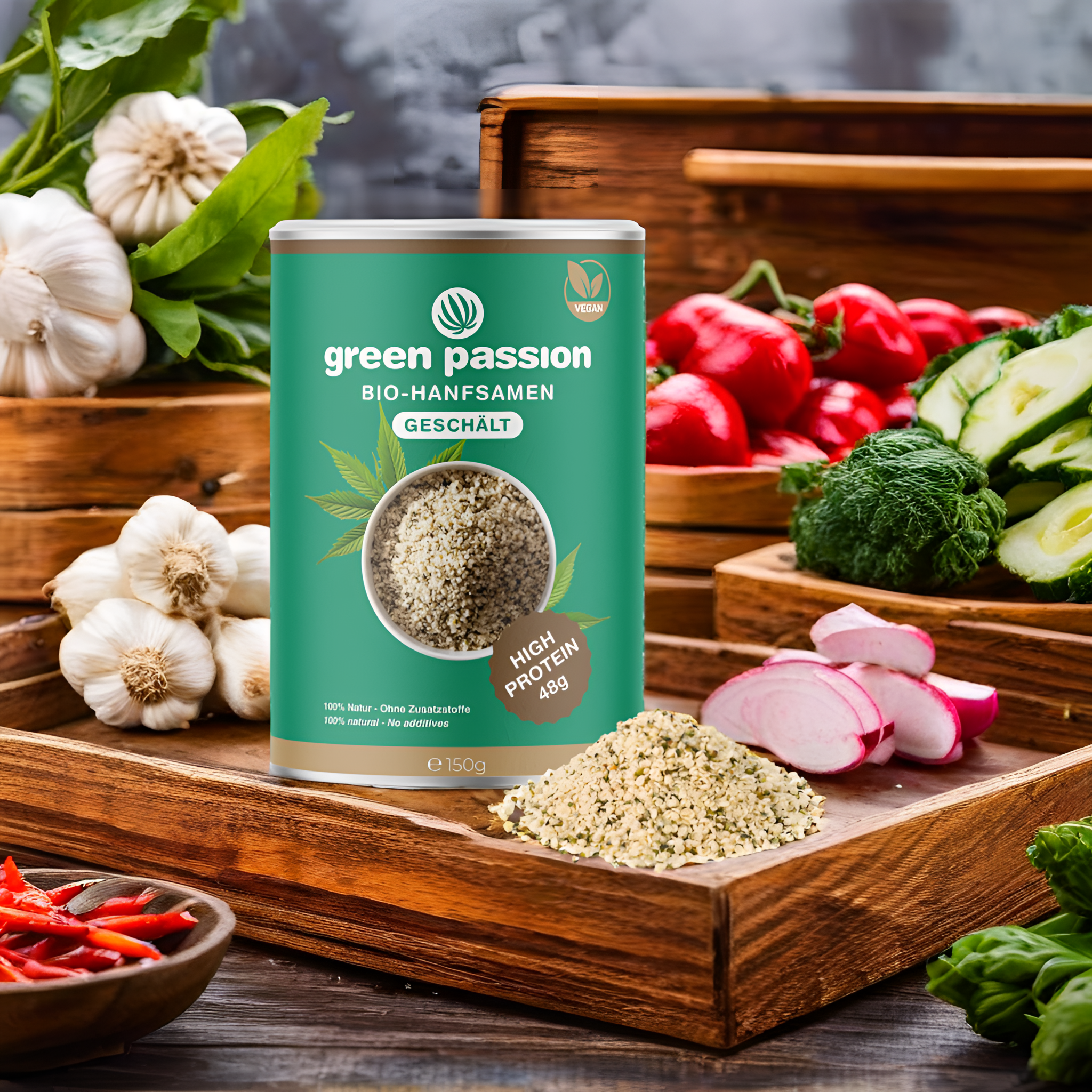 Graines de chanvre bio décortiquées de Green Passion – des graines super-alimentaires nutritives dans un emballage stylé.