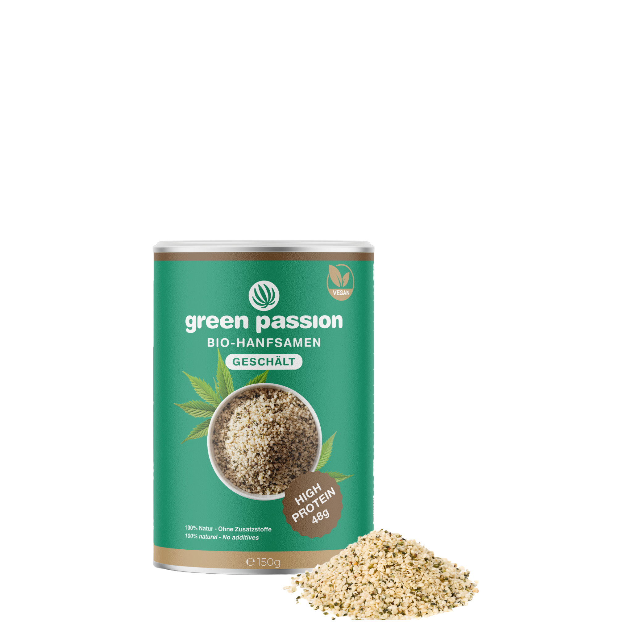 Green Passion Graines de chanvre bio décortiquées – boîte de 150 g avec couvercle ouvert et graines de chanvre fraîches pour muesli, smoothie et porridges.