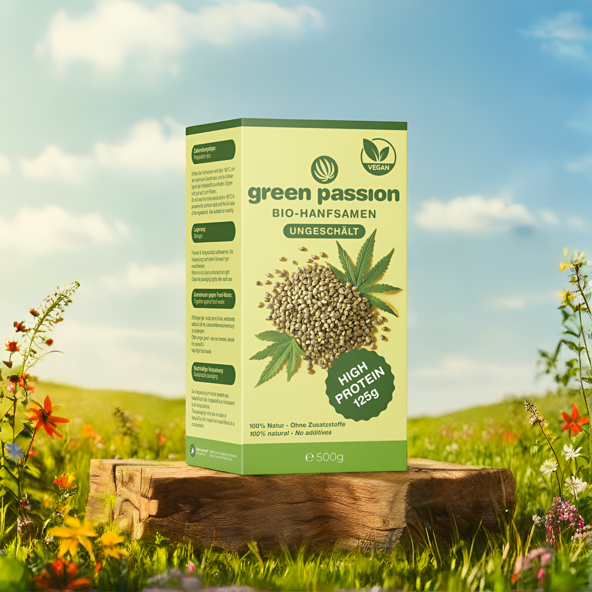 Graines de chanvre bio non décortiquées de Green Passion dans un emballage élégant – l’ajout parfait à tes recettes saines. Teneur élevée en protéines.