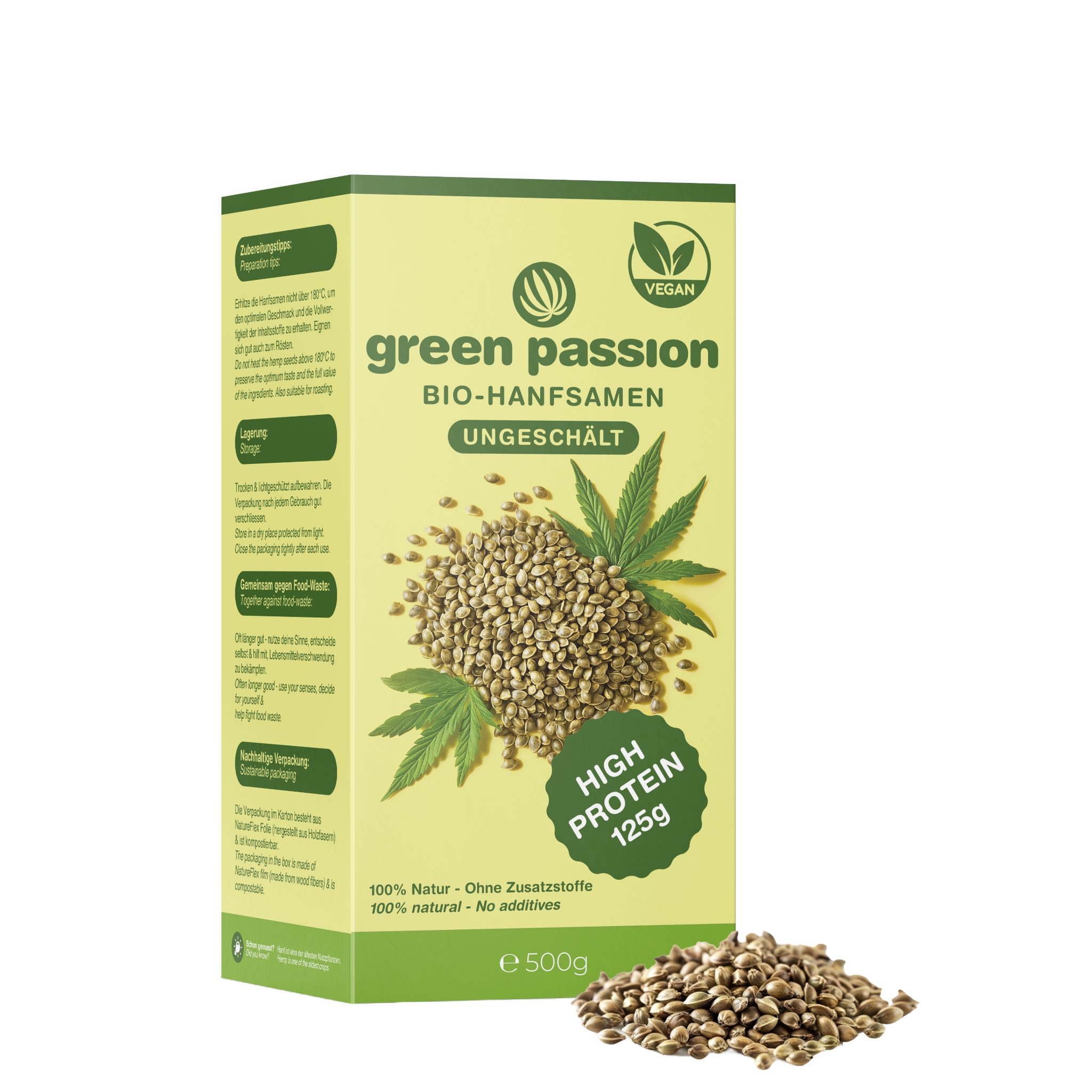 Green Passion graines de chanvre bio non décortiquées 500g – super-aliment de qualité avec des acides gras essentiels et des protéines pour une alimentation saine.