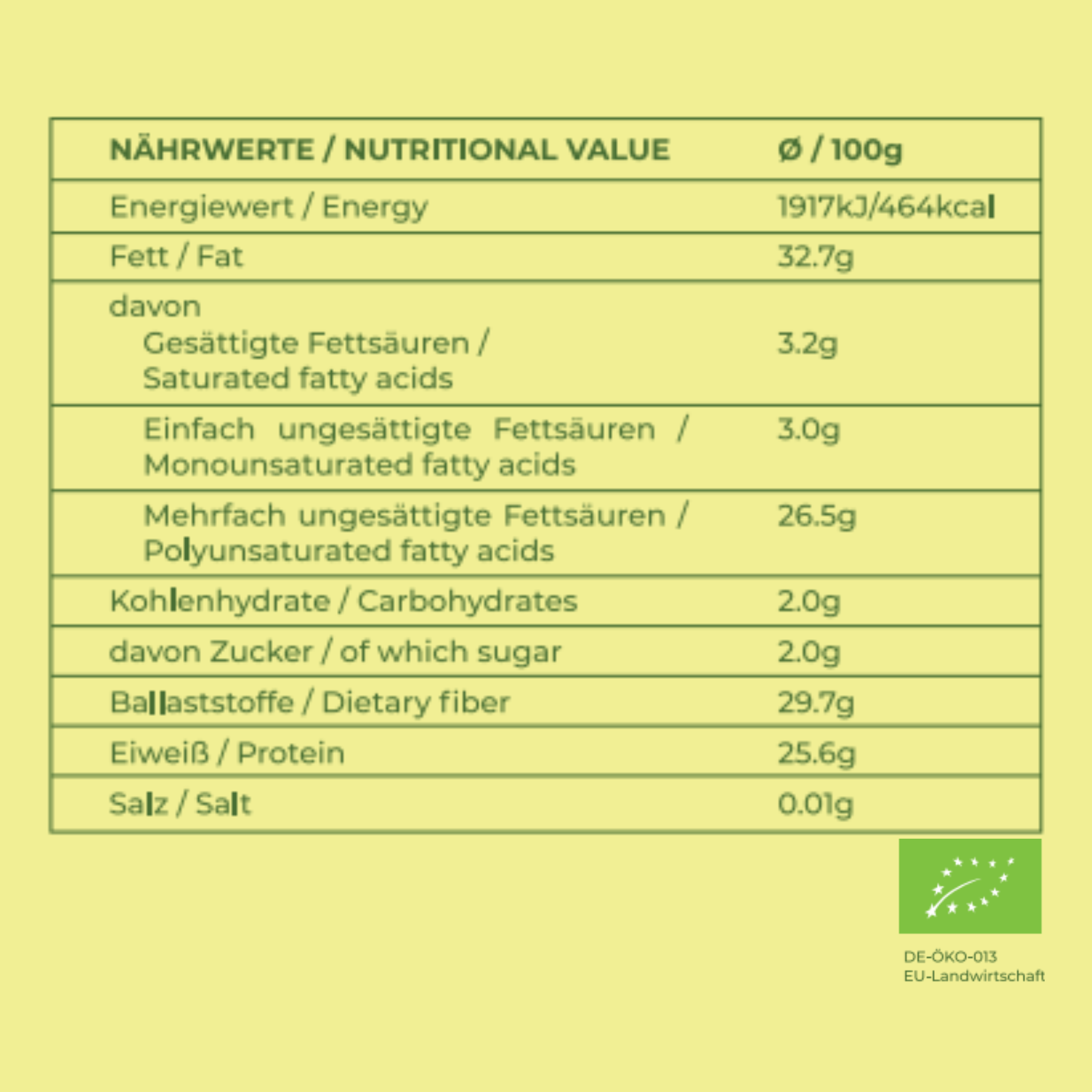 Tableau des valeurs nutritionnelles des graines de chanvre bio Green Passion 500g – nutriments précieux avec une teneur élevée en protéines, acides gras sains et fibres.