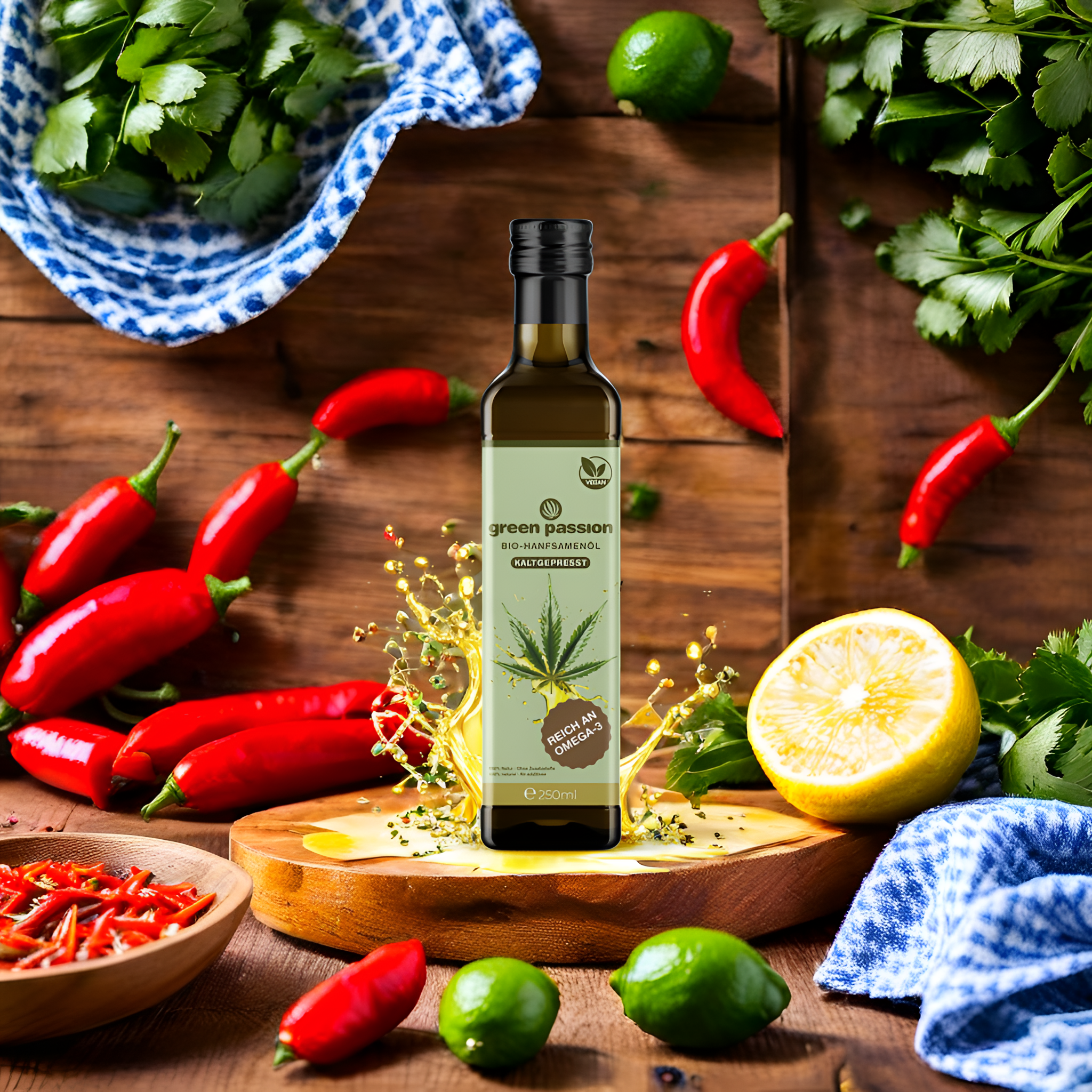 Huile de graines de chanvre bio 250 ml de Green Passion avec éclaboussure d'huile sur une table en bois rustique – source de qualité d'oméga-3 pour une cuisine saine.