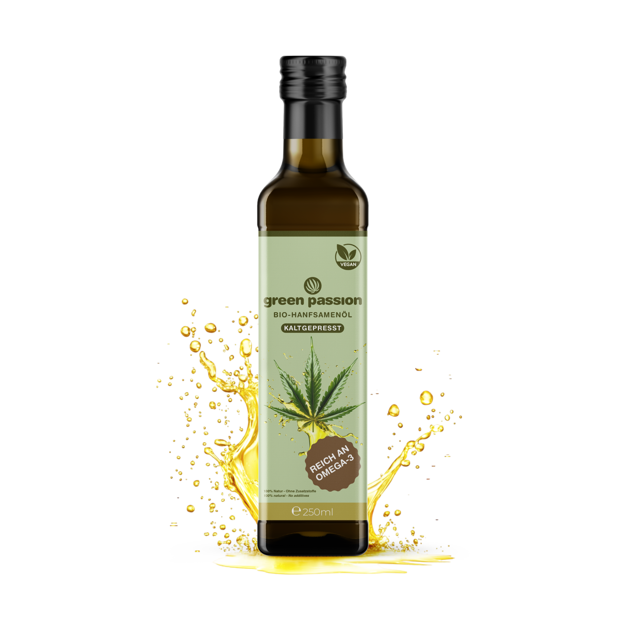 Green Passion Huile de graines de chanvre bio 250 ml avec une touche d’huile dorée – riche en acides gras insaturés, idéale pour les salades et les plats froids.