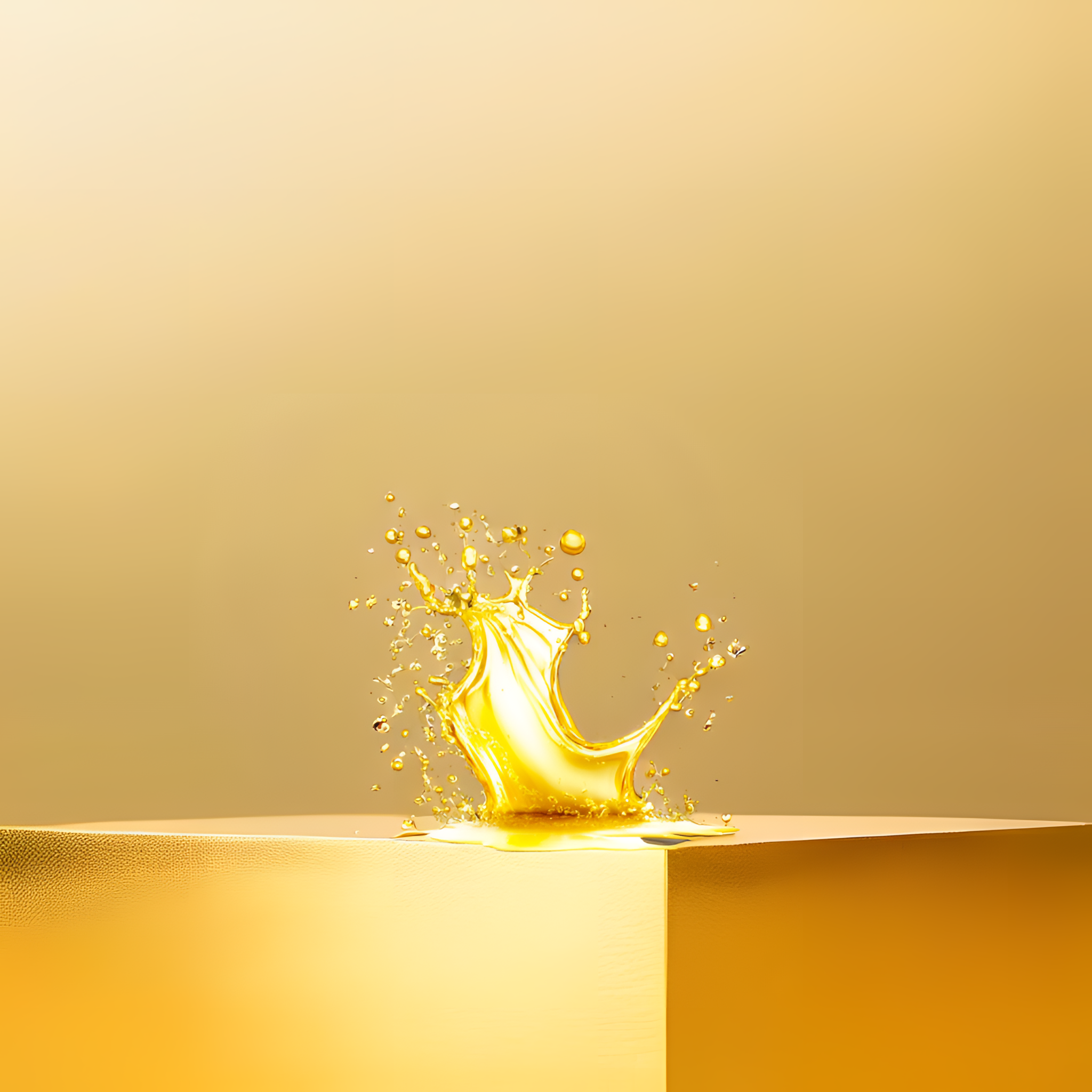 Éclaboussure d'huile dorée sur une élégante surface dorée – huile de graines de chanvre bio de Green Passion, riche en acides gras précieux pour l'alimentation.