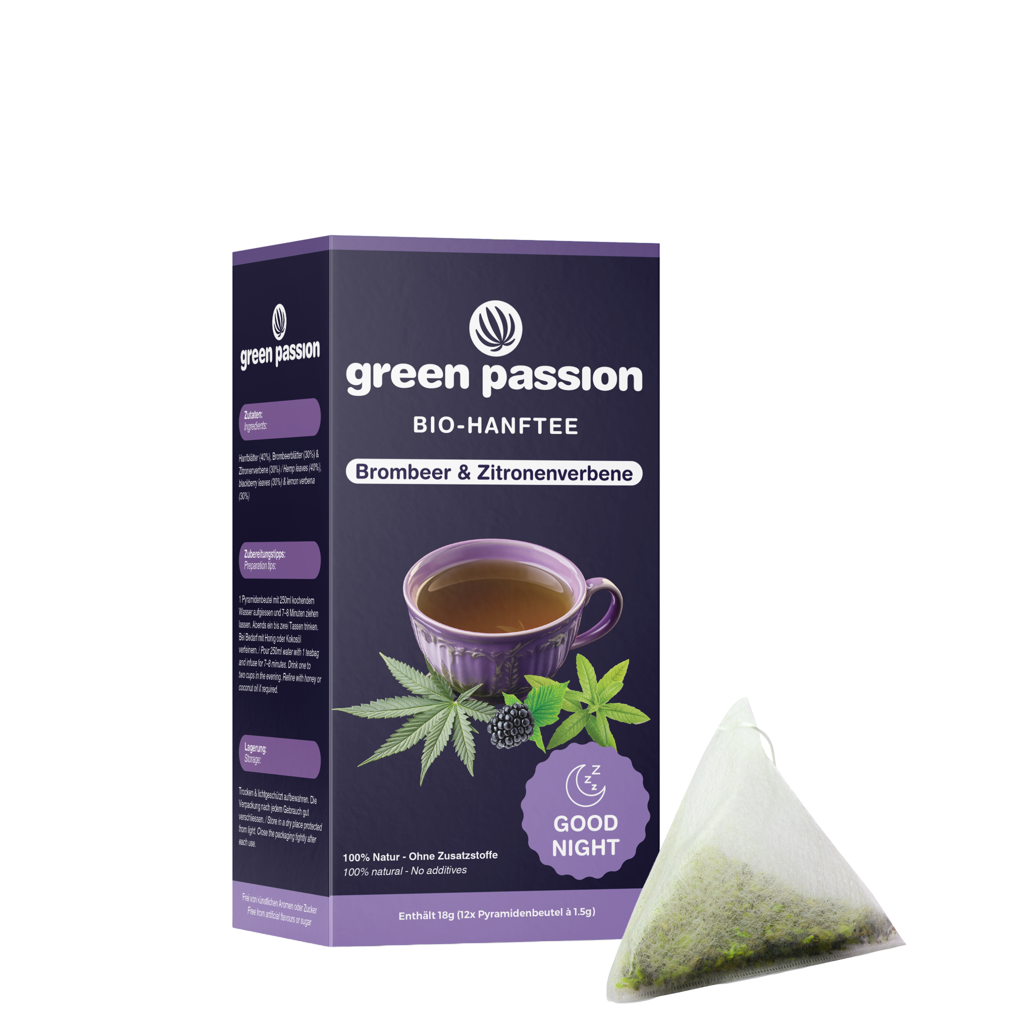 Green Passion Bio-Hanftee Good Night mit Pyramidenbeutel. Natürlicher Hanftee mit Brombeere und Zitronenverbene für erholsamen Schlaf.