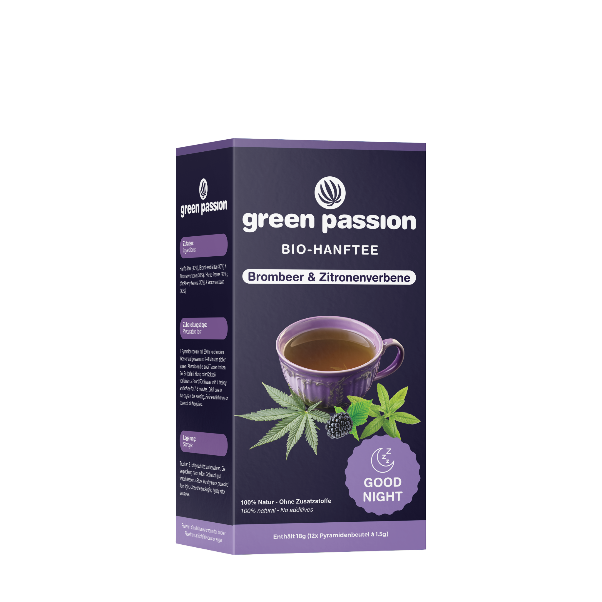 Bio-Hanftee Good Night von Green Passion mit Brombeere und Zitronenverbene. Entspannender Tee in 12 Pyramidenbeuteln.