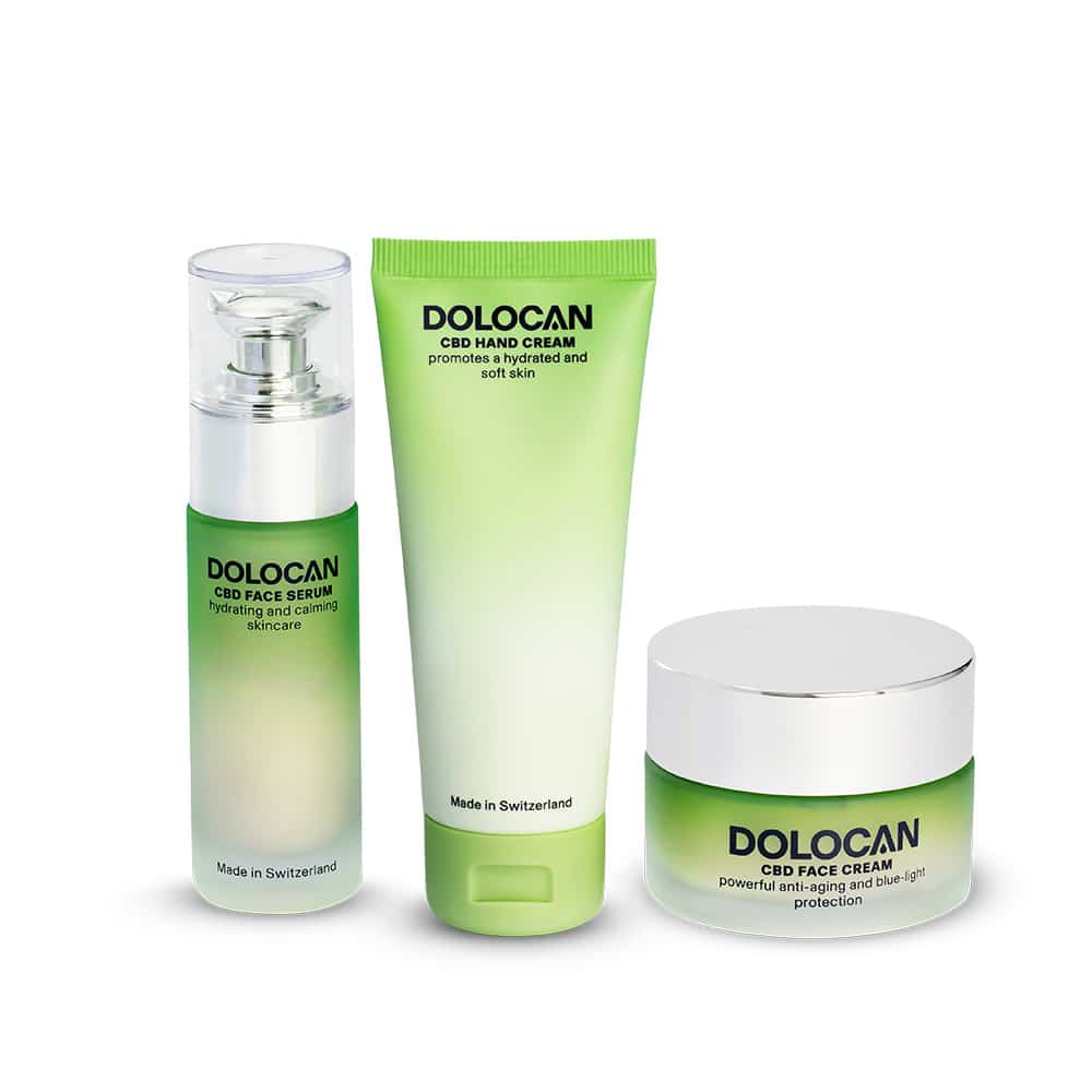 DOLOCAN Soins de la peau au CBD Kit avec sérum visage, crème visage et crème pour les mains. Des soins de qualité à base de CBD pour une peau saine et soignée.
