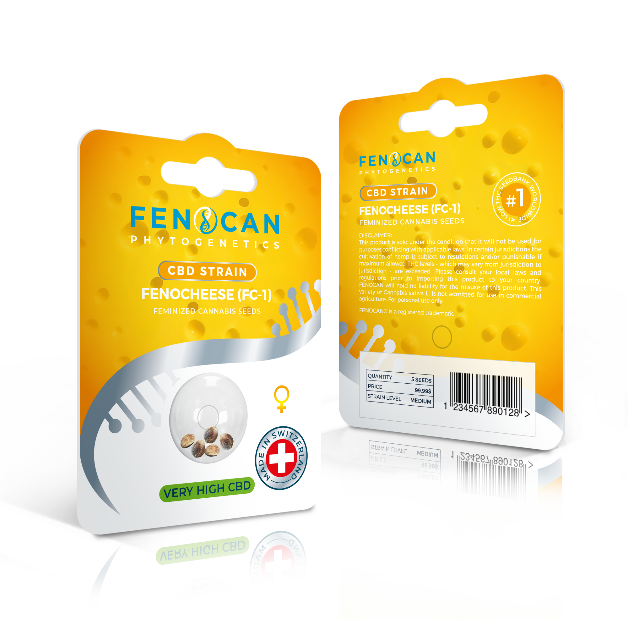 Verpackung von Fenocheese CBD Hanfsamen, feminisiert, mit gelbem Design, Markenlogo und Hinweis auf hohen CBD-Gehalt.