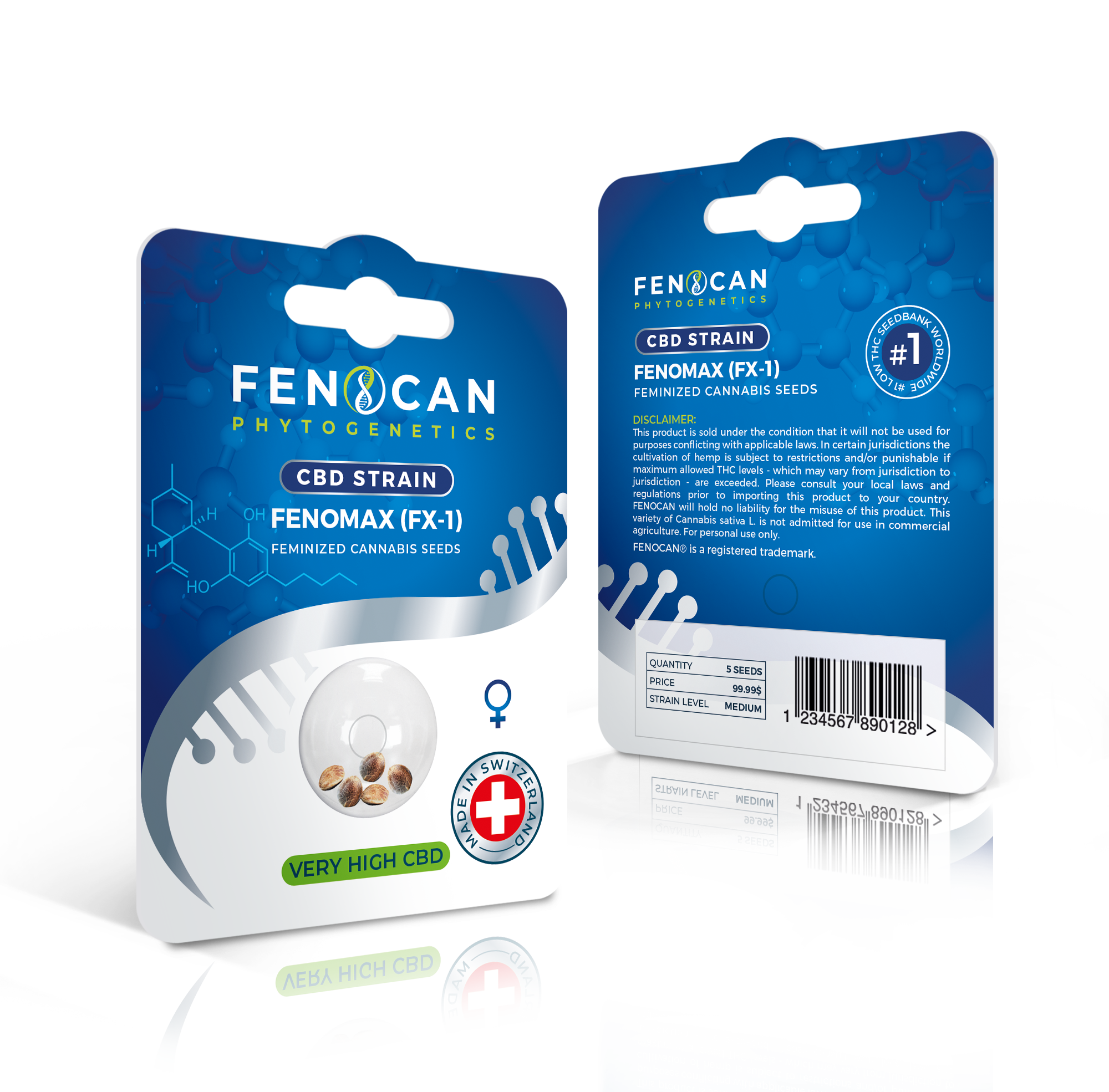 Verpackung von Fenomax CBD Hanfsamen, feminisiert, mit blauem Design, Schweizer Logo und sichtbaren Samen im Inneren.