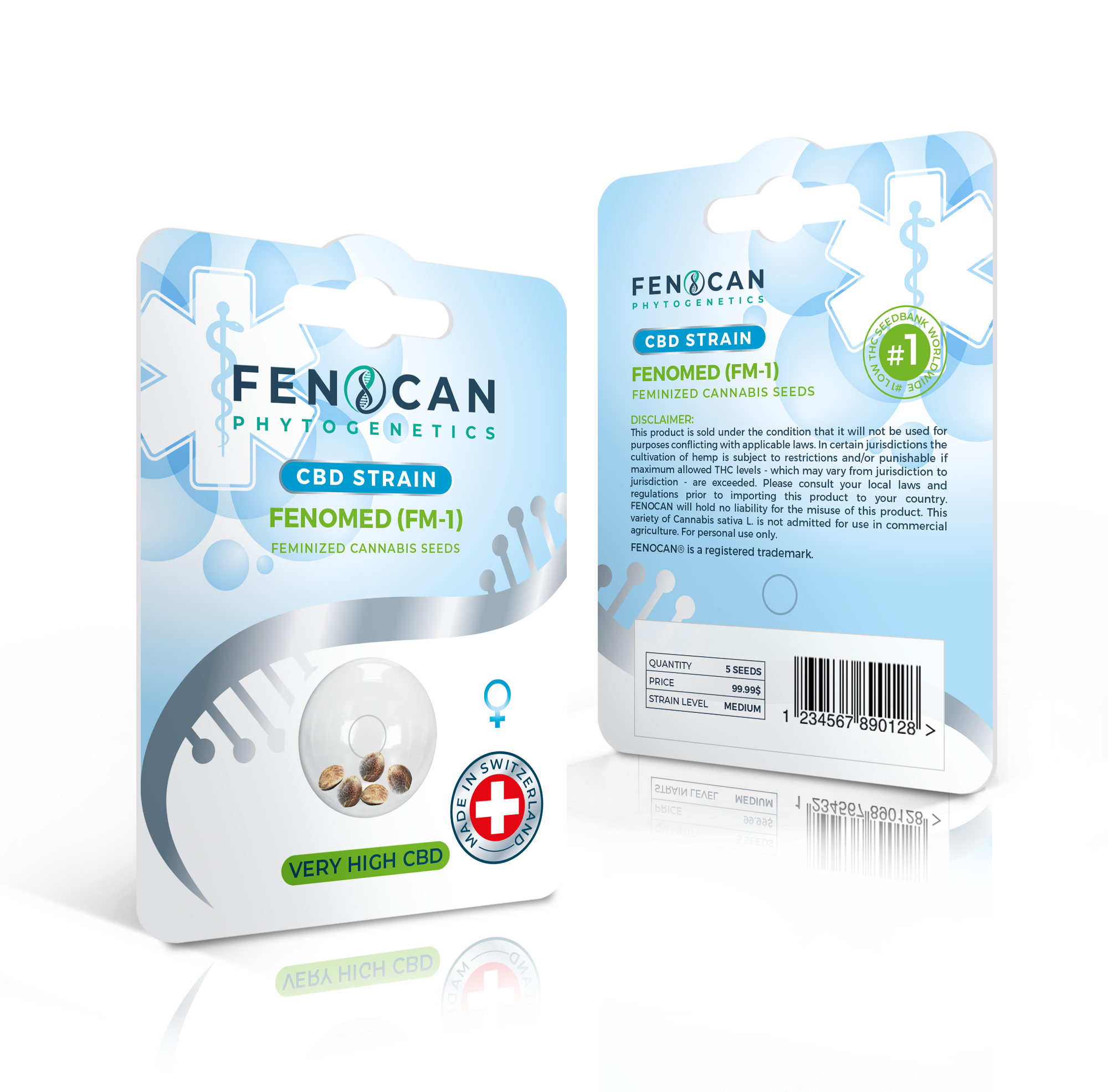 Verpackung von Fenomed CBD Hanfsamen, feminisiert, mit blauem Design und Schweizer Qualitätssiegel, zeigt fünf Samen in transparenter Hülle.