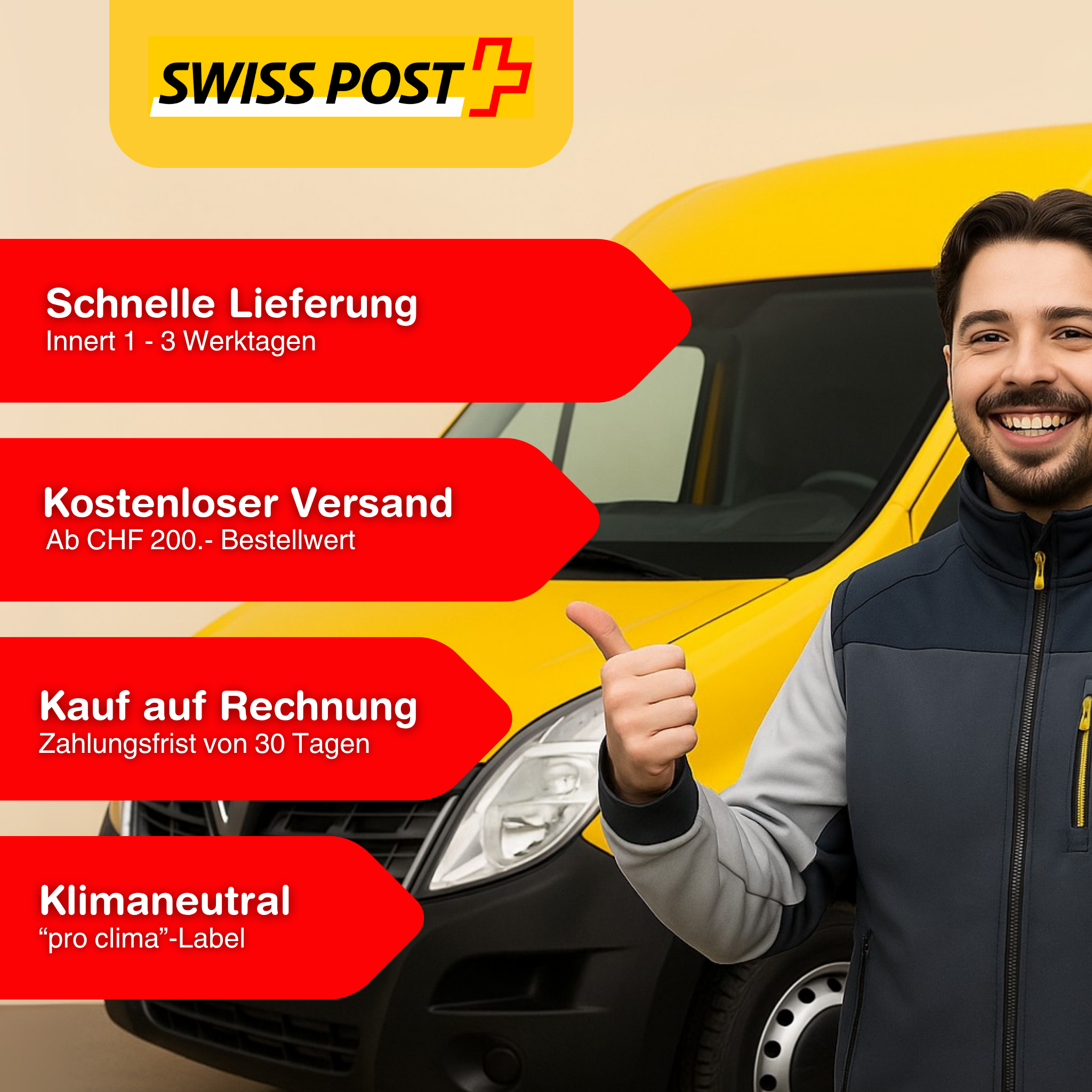 Mitarbeiter der Schweizerischen Post in Uniform vor einem gelben Postauto mit den Versandvorteilen: Lieferung in 1–3 Werktagen, kostenloser Versand ab CHF 200, Kauf auf Rechnung mit 30 Tagen Zahlungsfrist und klimaneutralem Versand mit "pro clima"-Label.