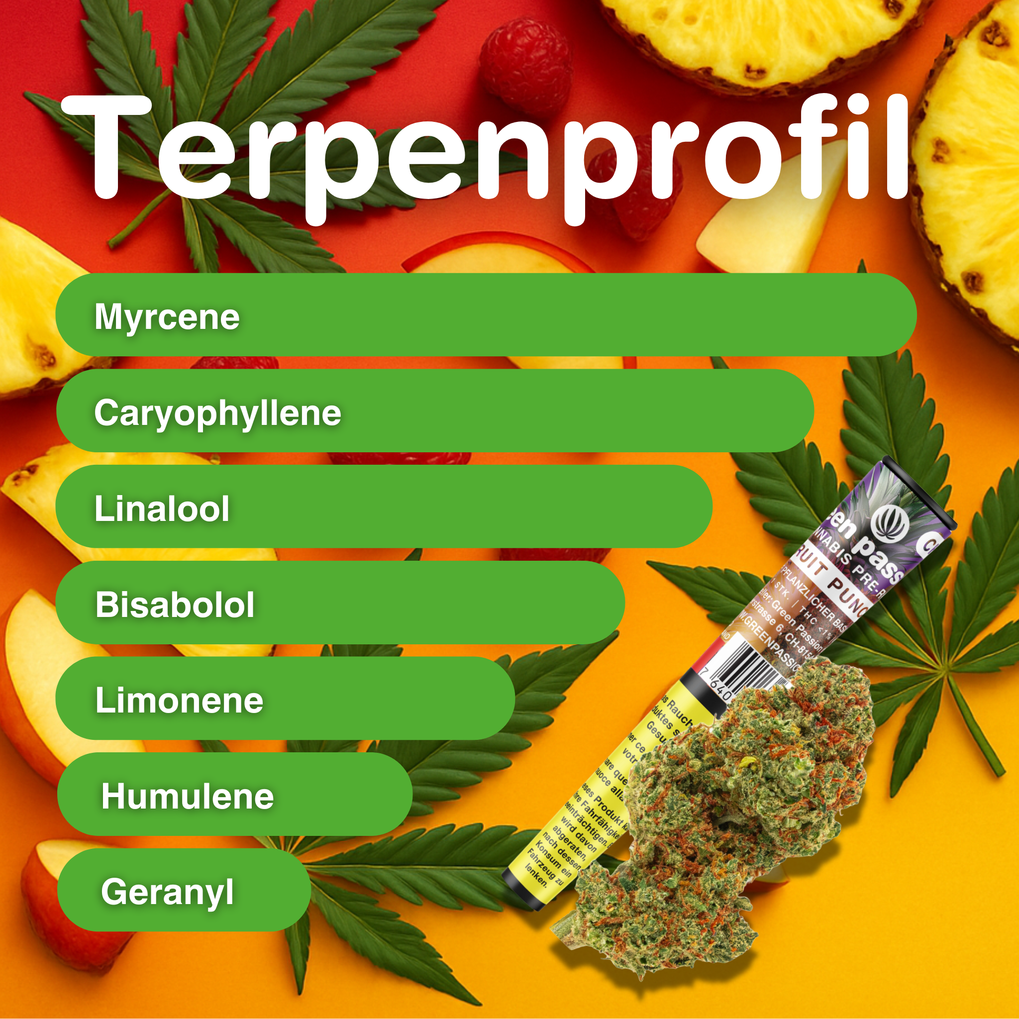 Fruit Punch Pre-Rolls CBD Joint auf buntem Hintergrund mit Hanfblatt, Früchten und Terpenprofil-Text; zeigt Myrcene, Caryophyllene, Linalool.
