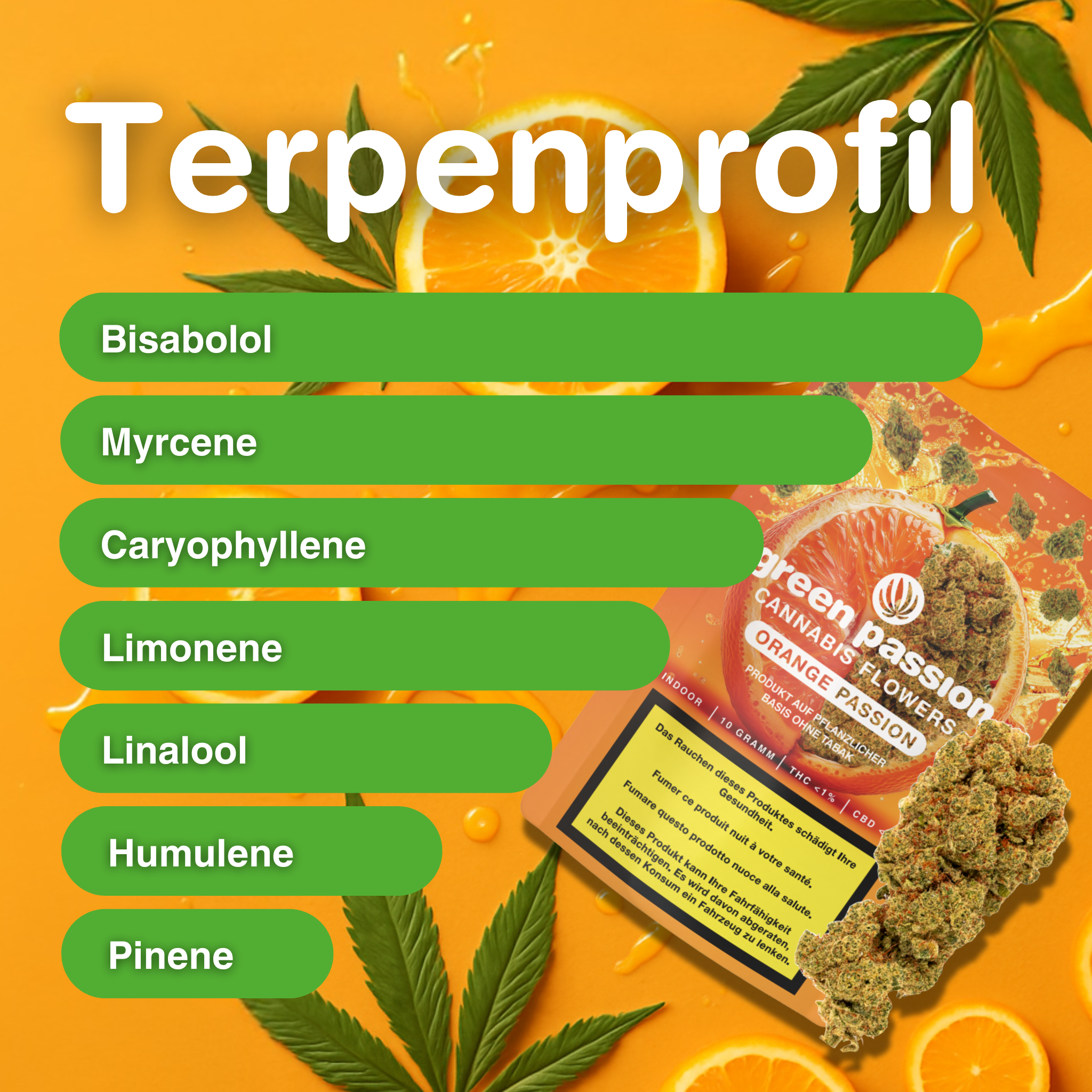Produktbild von Orange Passion CBD Blüten Indoor, zeigt Verpackung, Cannabisblüten und orangefarbene Gestaltung mit Terpenprofil.