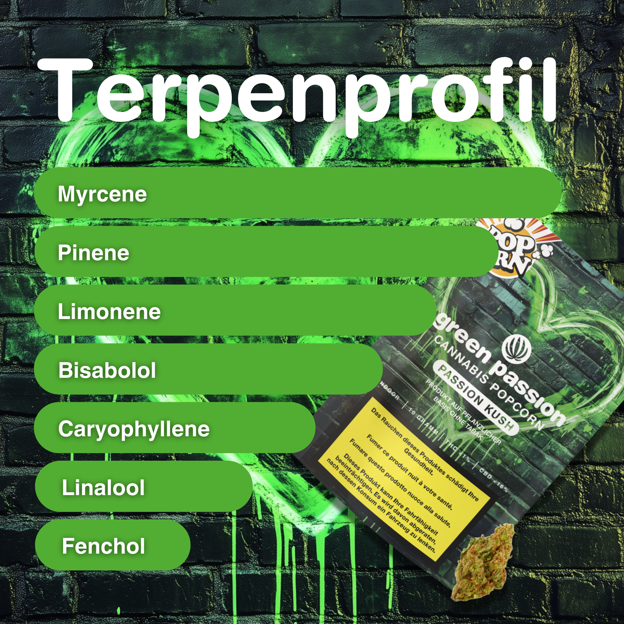 Verpackung von Passion Kush Popcorn CBD Blüten 10g vor grünem Hintergrund mit Terpenprofil: Myrcene, Pinene, Limonene, Bisabolol, Caryophyllene, Li…