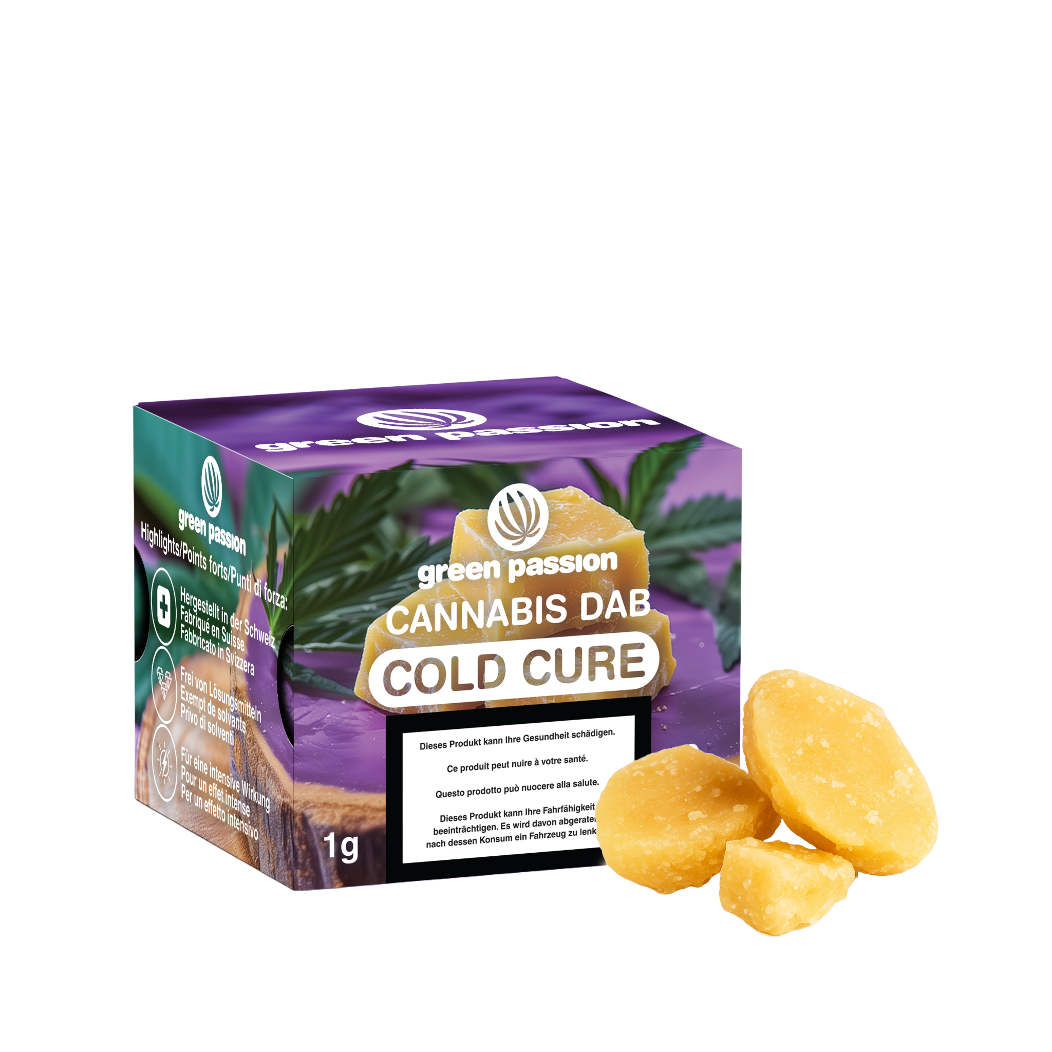 Green Passion Cannabis Dab Cold Cure – Emballage avec des dabs Cold Cure jaune clair, 1g de concentré de CBD sans THC, idéal pour la vaporisation ou le dabbing.
