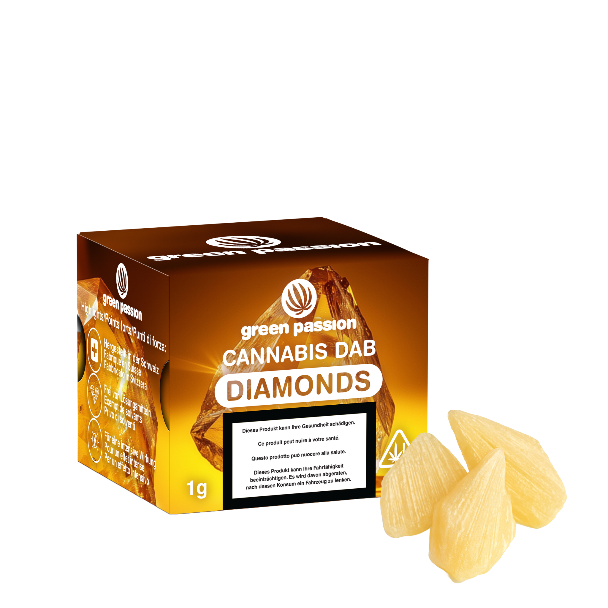 Green Passion CBD Dab Diamonds 1g – dabs de cannabis de haute qualité sous forme cristalline avec un emballage doré et une forte concentration en CBD