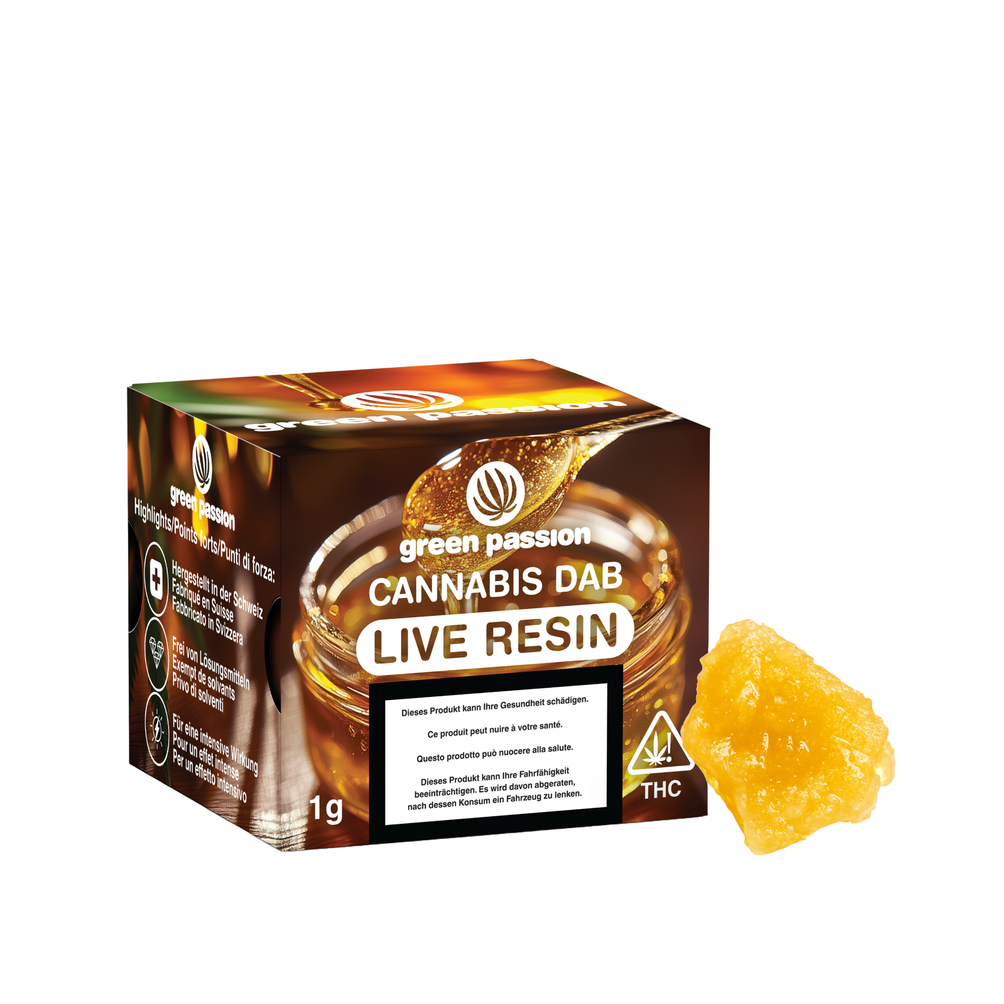 Emballage de CBD Dabs Live Resin avec un morceau de résine dorée à côté, présenté dans la boutique en ligne.