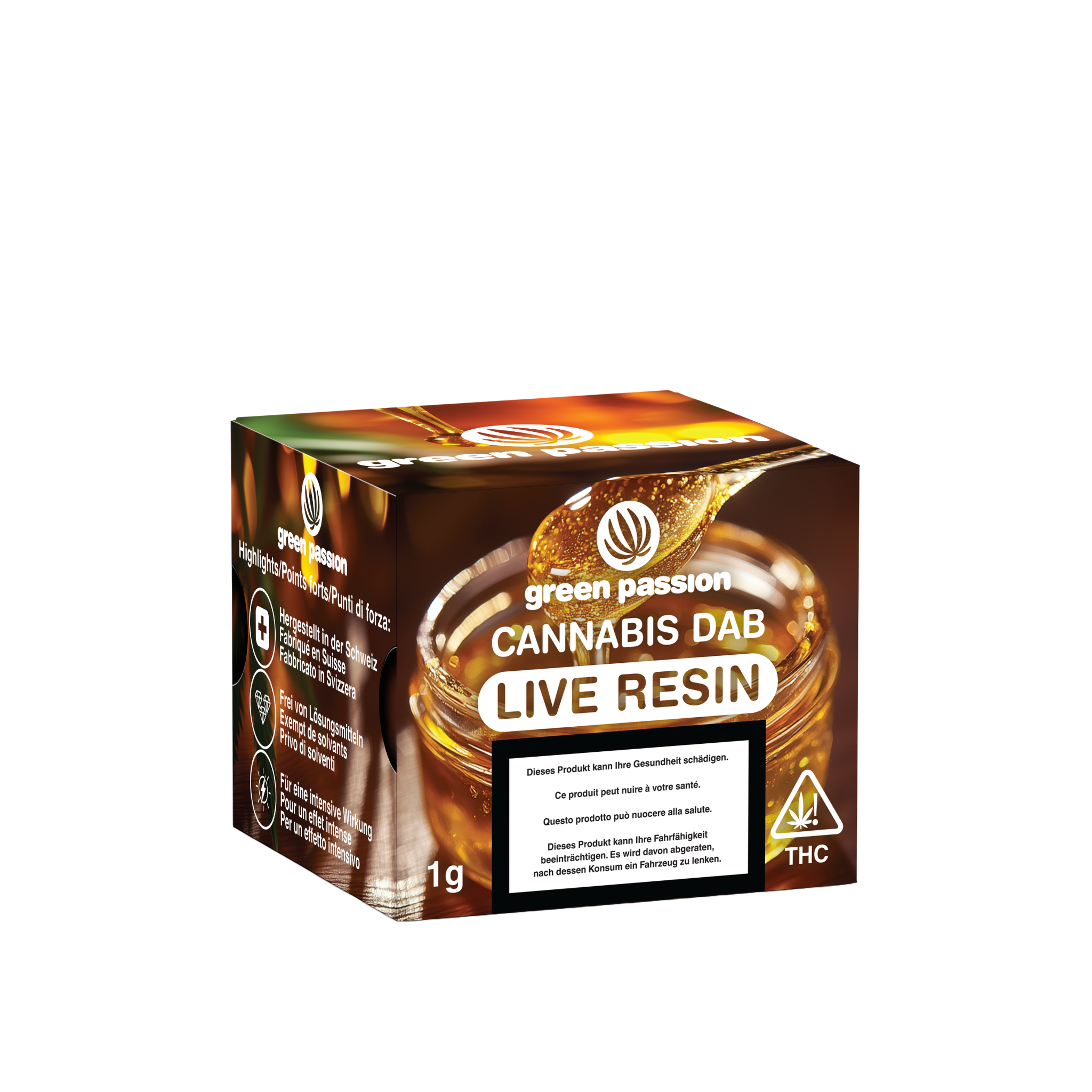Verpackung des Live Resin CBD Dab, 1g, von Green Passion, zeigt goldene, honigartige Substanz und Markendetails auf dunklem Hintergrund.