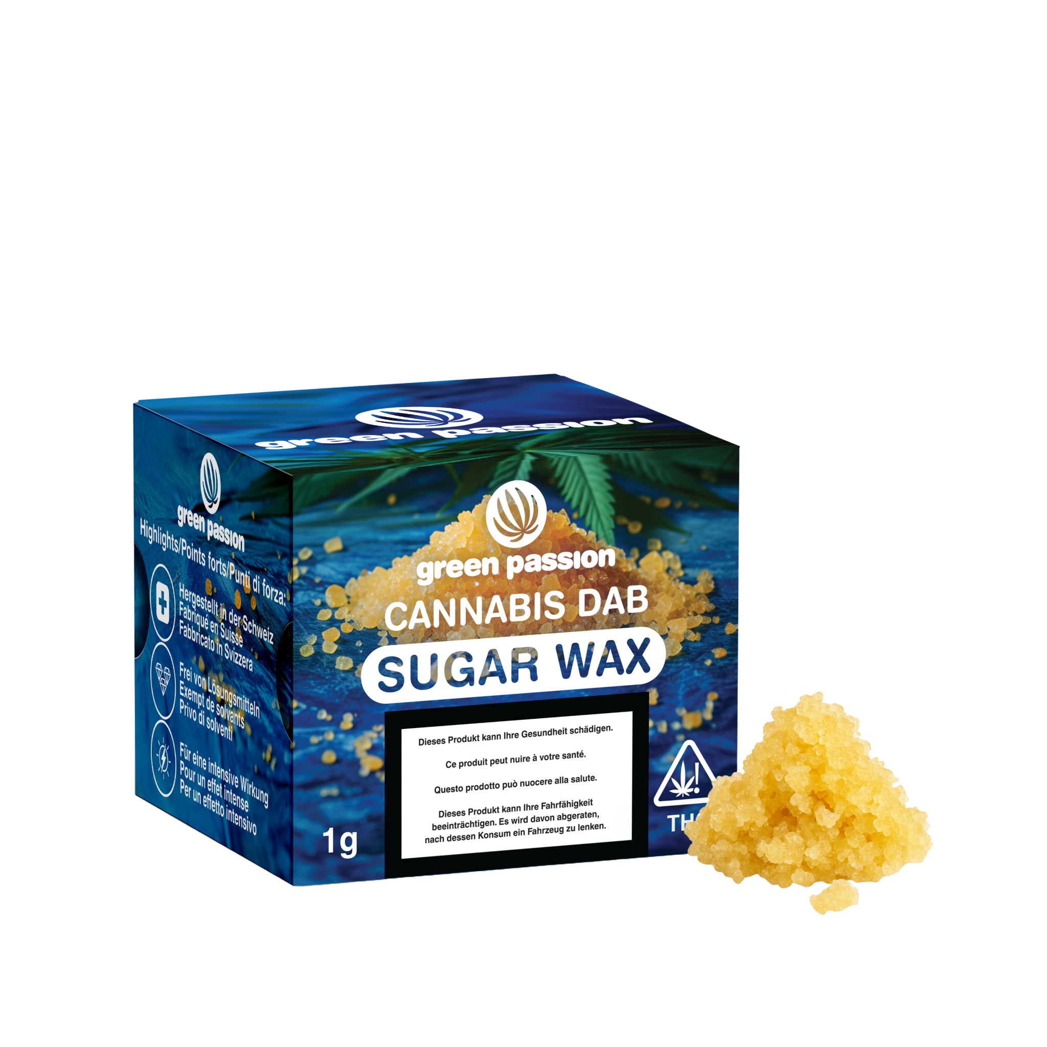Emballage de CBD Dabs Sugar Wax avec un design de feuille de cannabis, à côté des cristaux de cire jaunâtres, présenté sur un fond bleu.