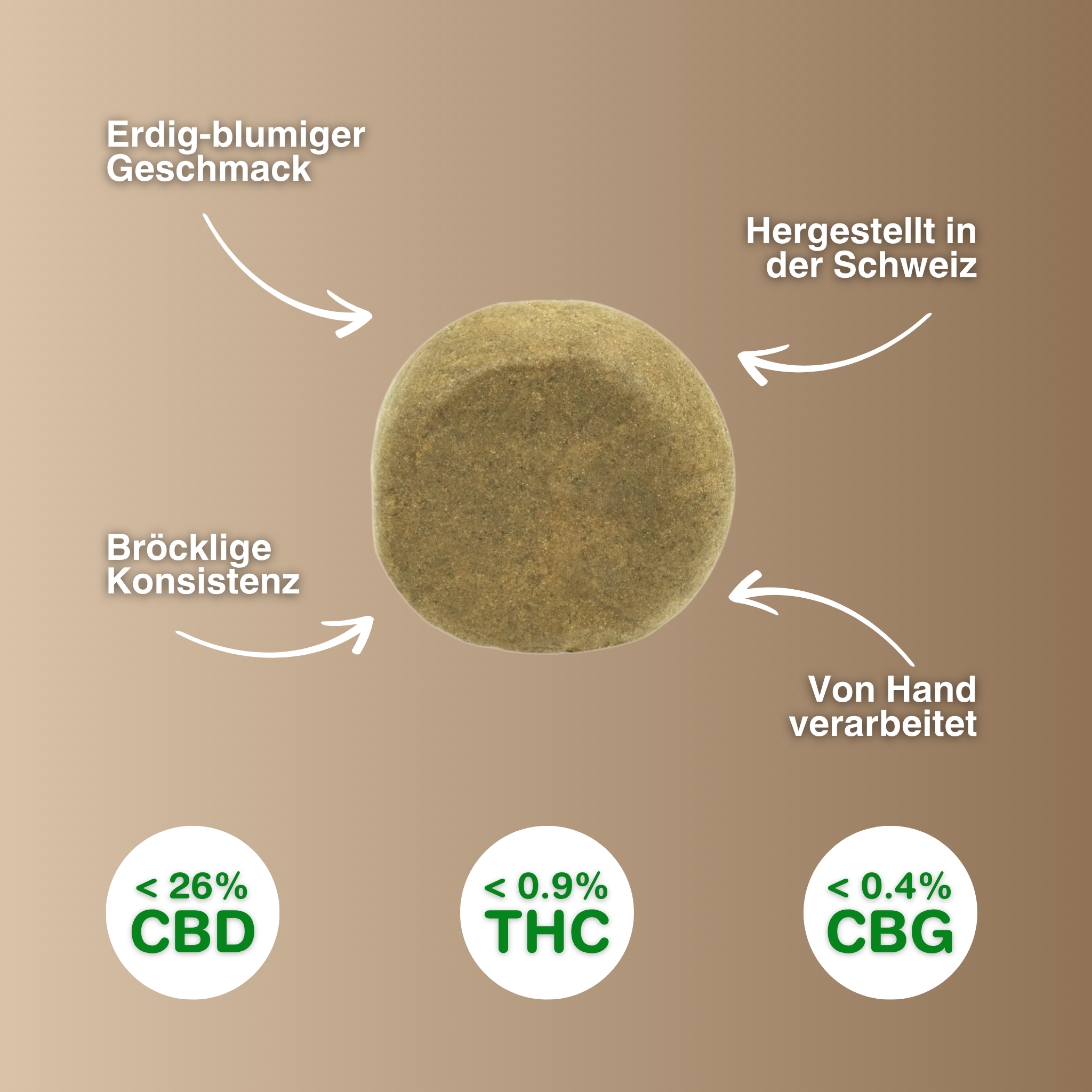 Rundes Zero Zero CBD Hash, bröckelige Konsistenz, erdig-blumiger Duft, handverarbeitet in der Schweiz, enthält <26% CBD, <0,9% THC.