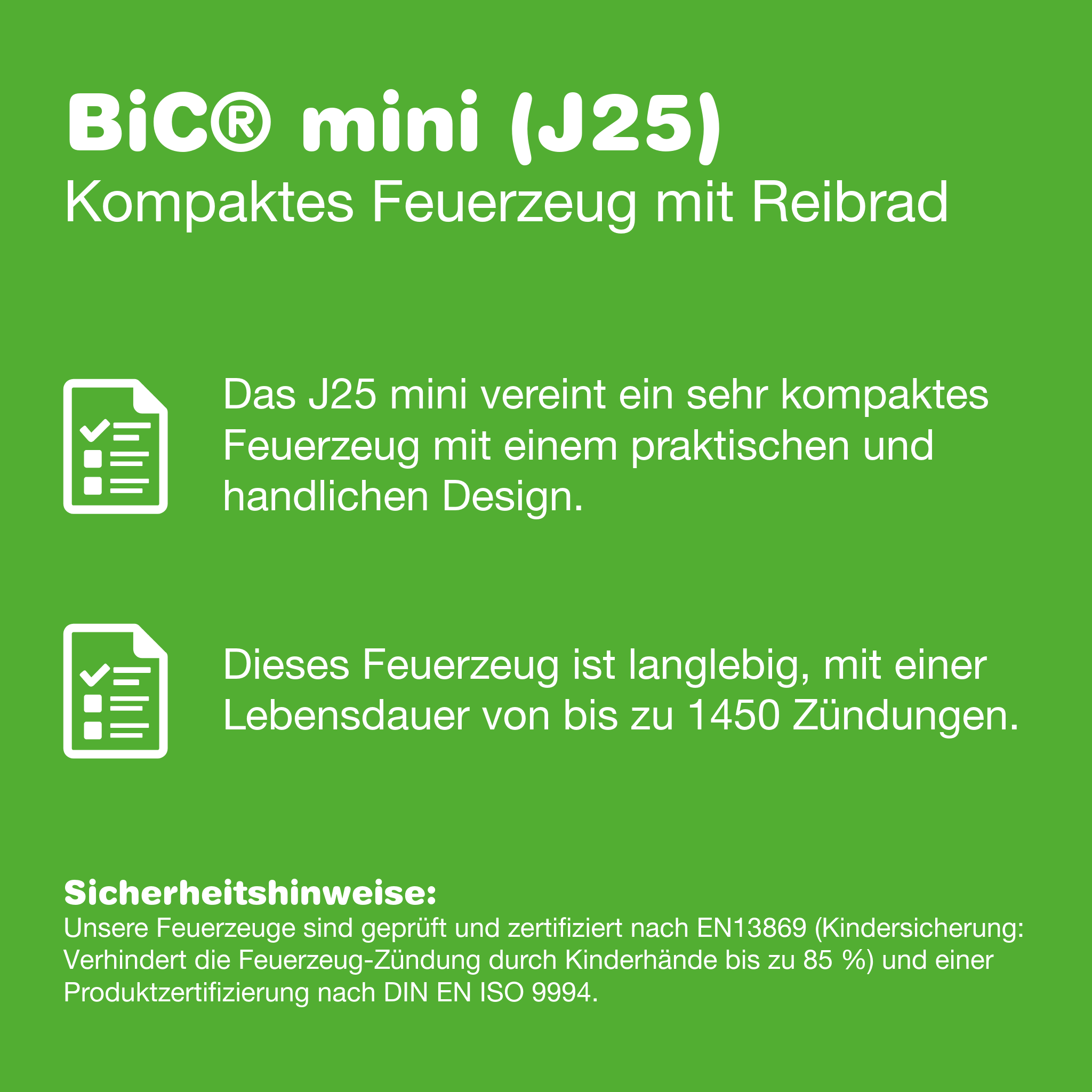 Technische Infos zum Green Passion Bic J25 Mini Feuerzeug – langlebig, kompakt und kindersicher