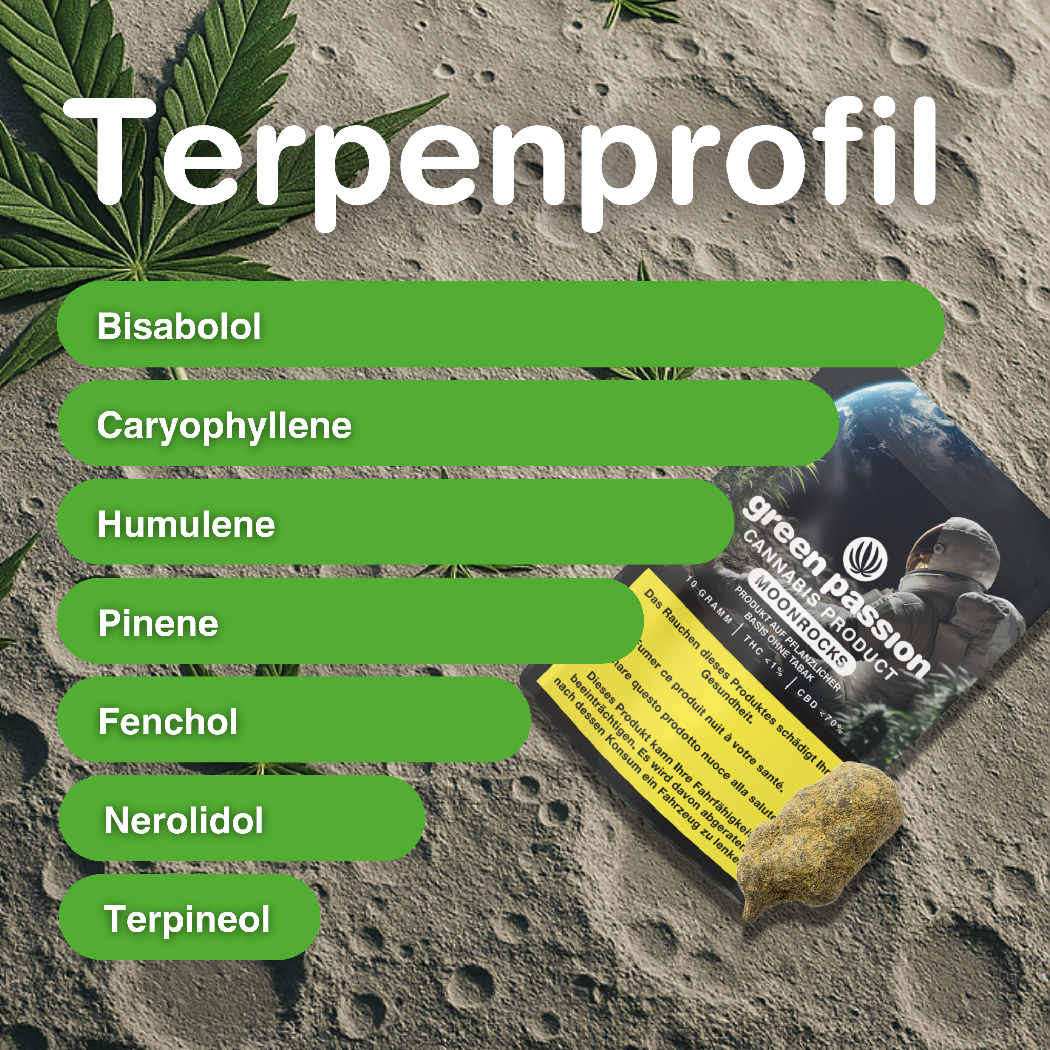 Immagine prodotto CBD Moonrocks con profilo terpenico, mostra una confezione con motivo di astronauta e una Moonrock su una superficie simile alla luna.