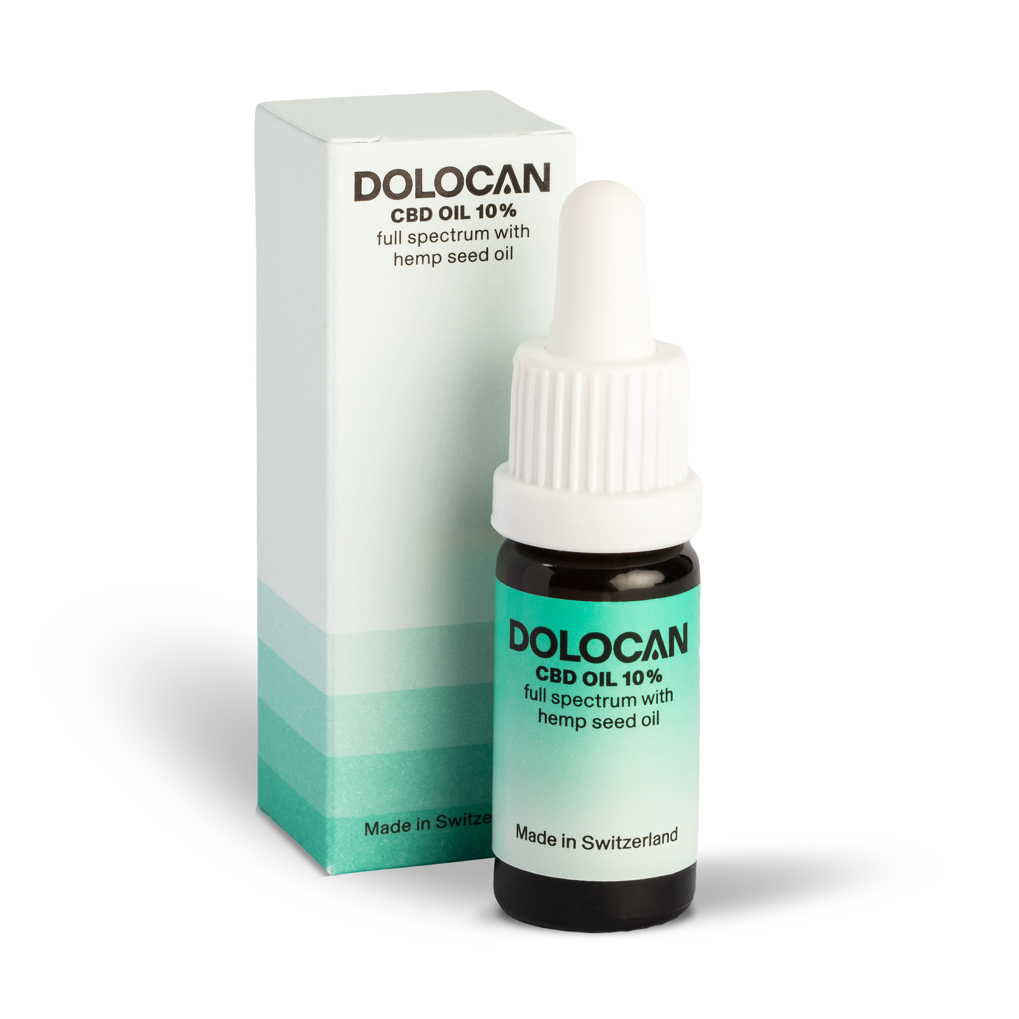 Huile CBD spectre complet 10 % avec huile de graines de chanvre, flacon de 10 ml devant son emballage adapté, produit de Suisse.