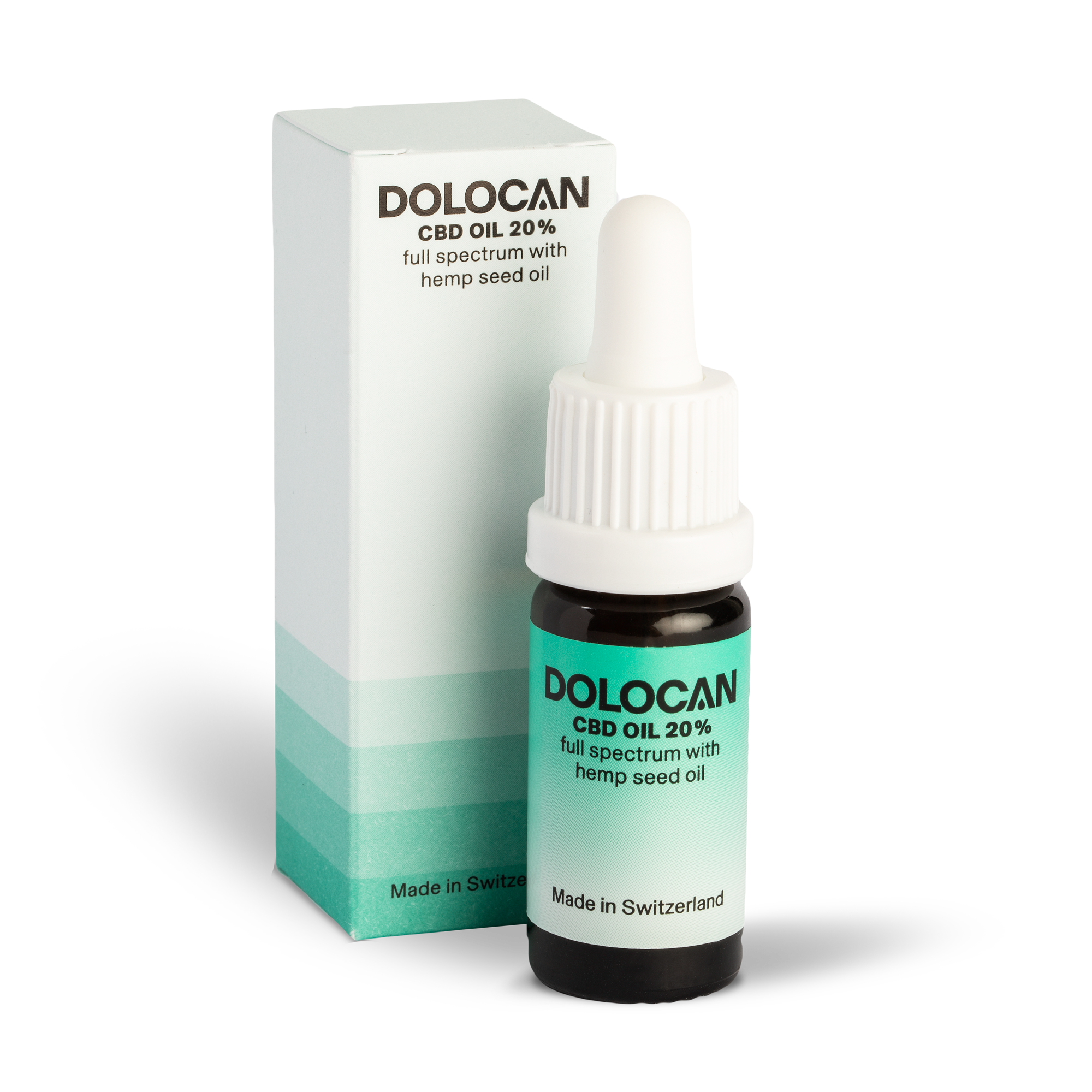 Flasche 20% CBD Öl Vollspektrum mit Hanfsamenöl, 10ml, vor passender Verpackung, präsentiert in einem Online-Shop.