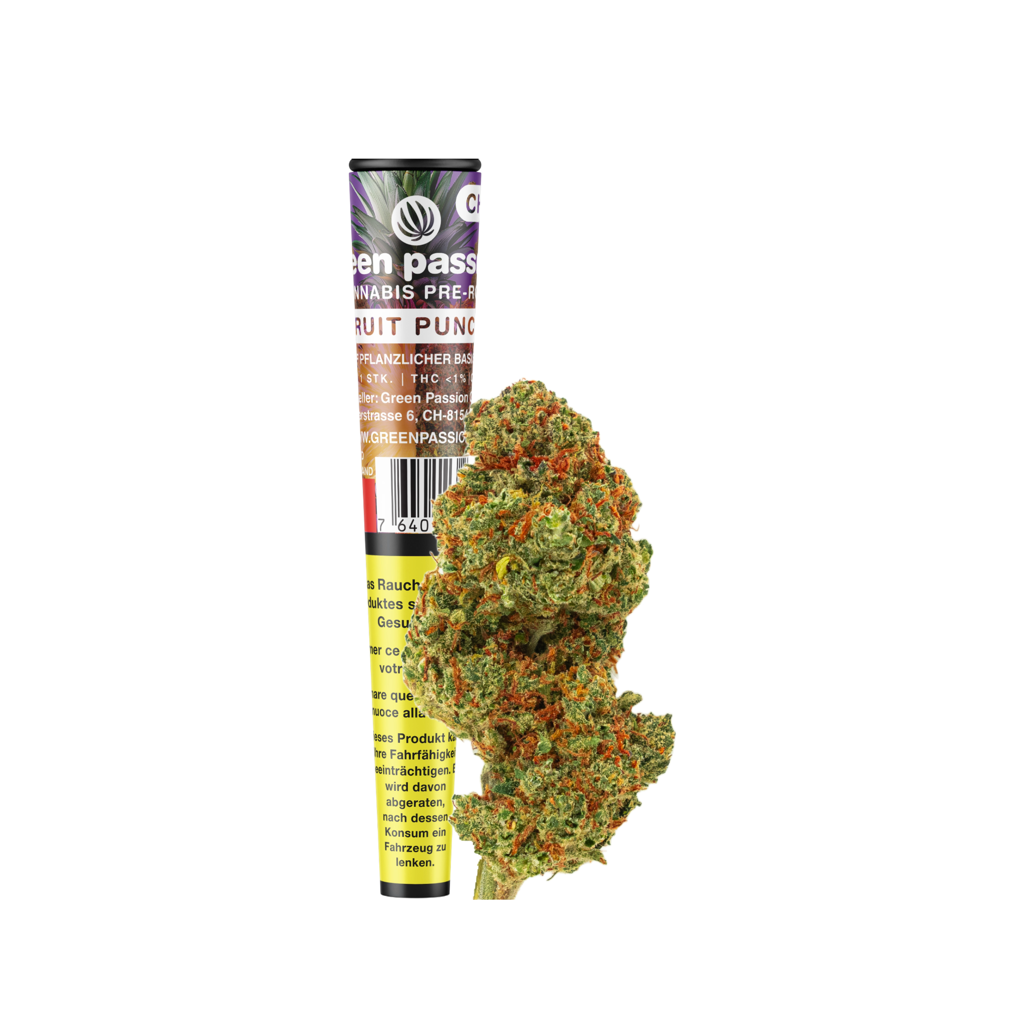 Pre-roll CBD de haute qualité Fruit Punch de Green Passion – joint roulé à la main à partir des meilleures fleurs de CBD indoor. Parfait pour des moments de détente, avec un arôme fruité intense et une saveur tropicale. Qualité suisse avec THC <1%.
