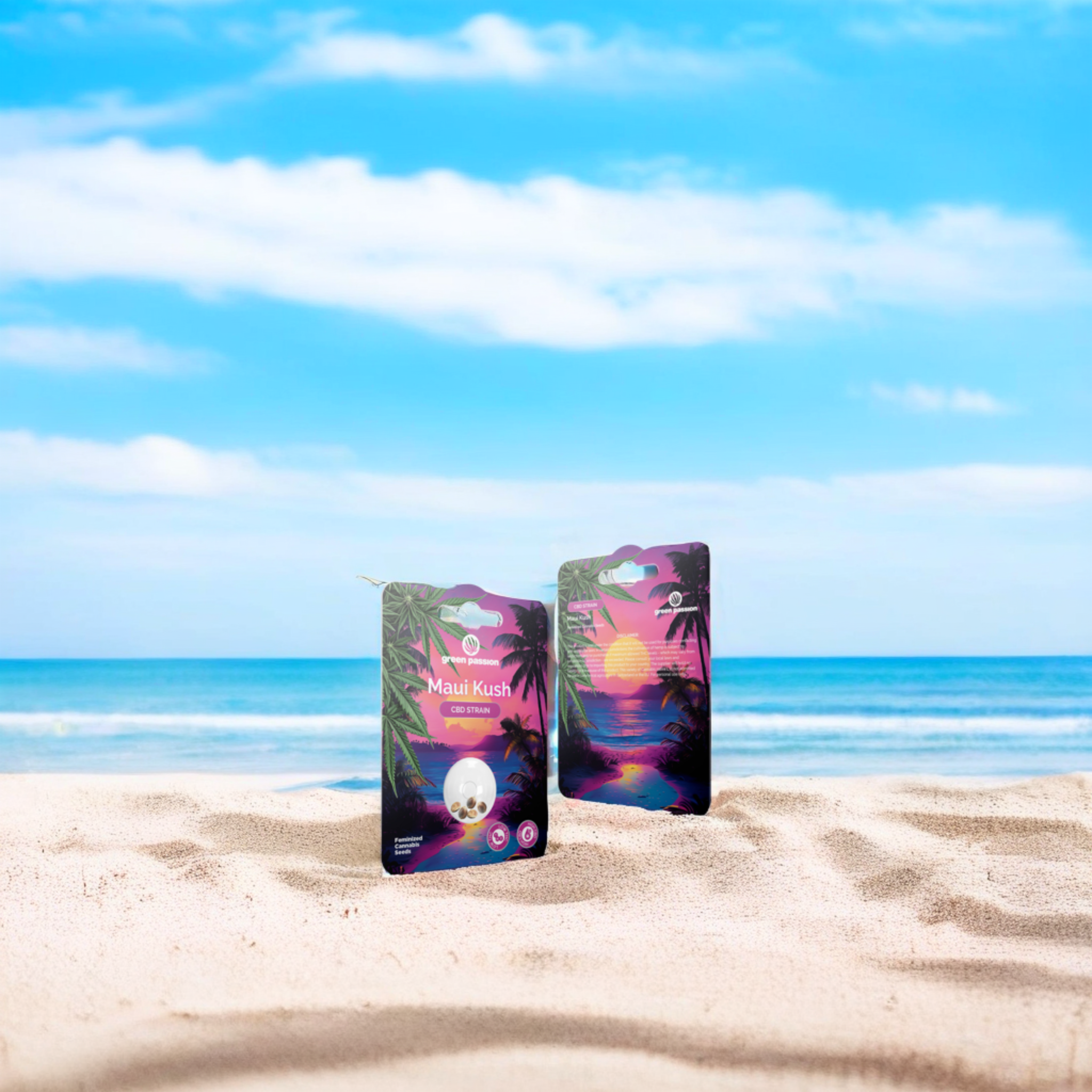 Green Passion Maui Kush Graines de CBD – graines de chanvre féminisées dans un emballage tropical avec un design de palmiers. Parfaites pour la culture de CBD.