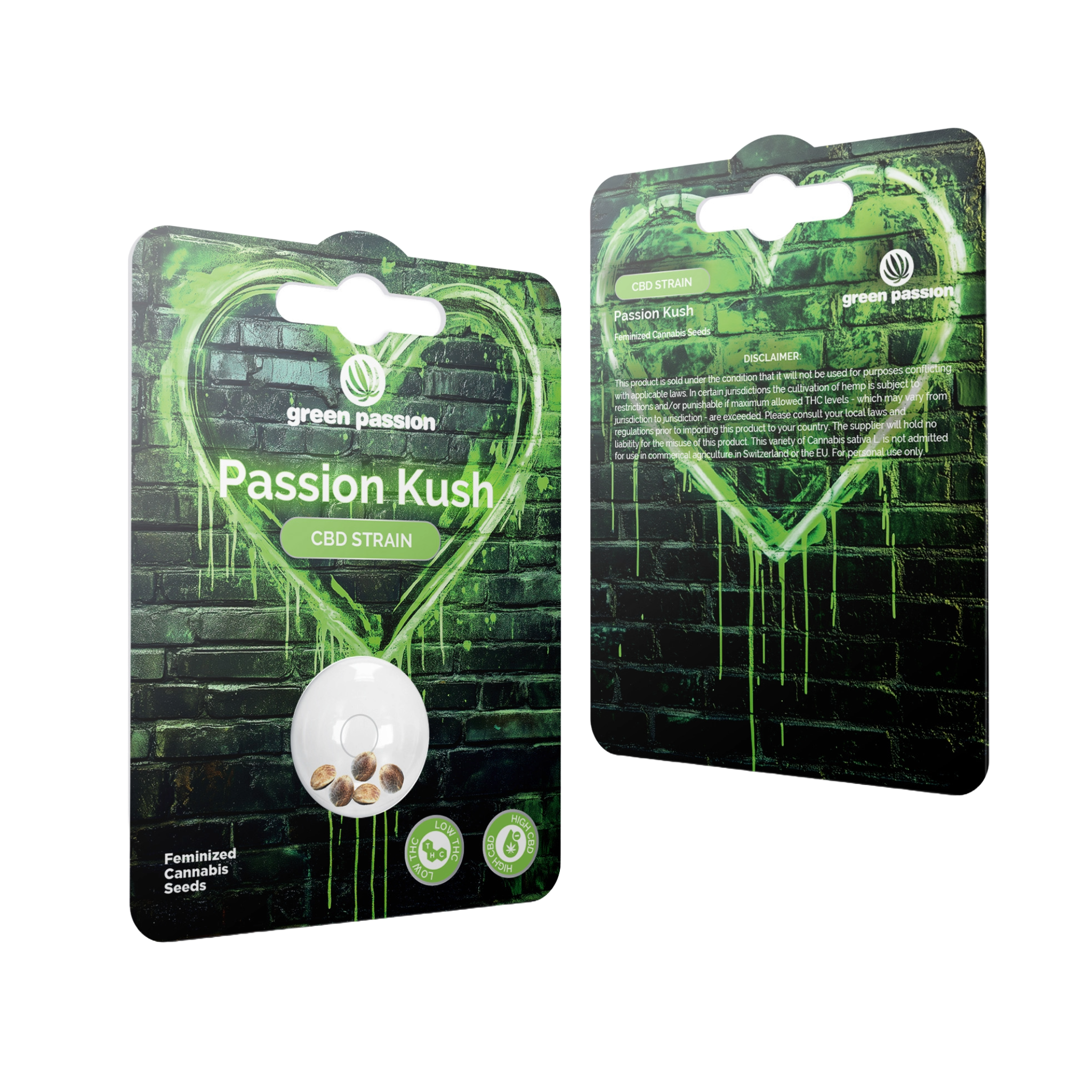 Passion Kush Graines de CBD de Green Passion – graines de chanvre féminisées dans un emballage créatif avec un cœur néon vert sur un mur sombre pour les cultivateurs urbains.
