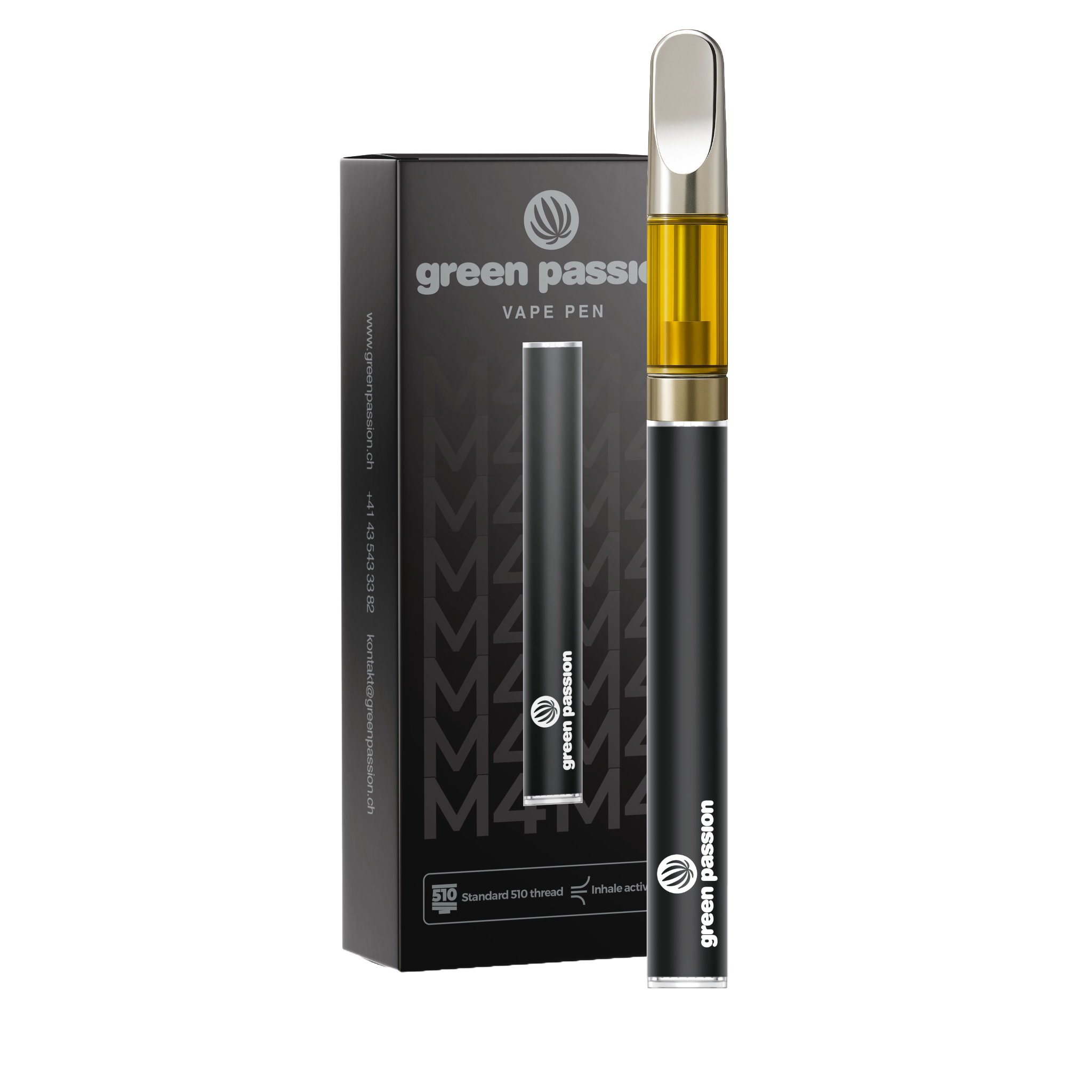 CBD Vape Pen de Green Passion – vaporisateur élégant et performant avec batterie rechargeable, présenté avec emballage et cartouche pour une expérience de vape stylée