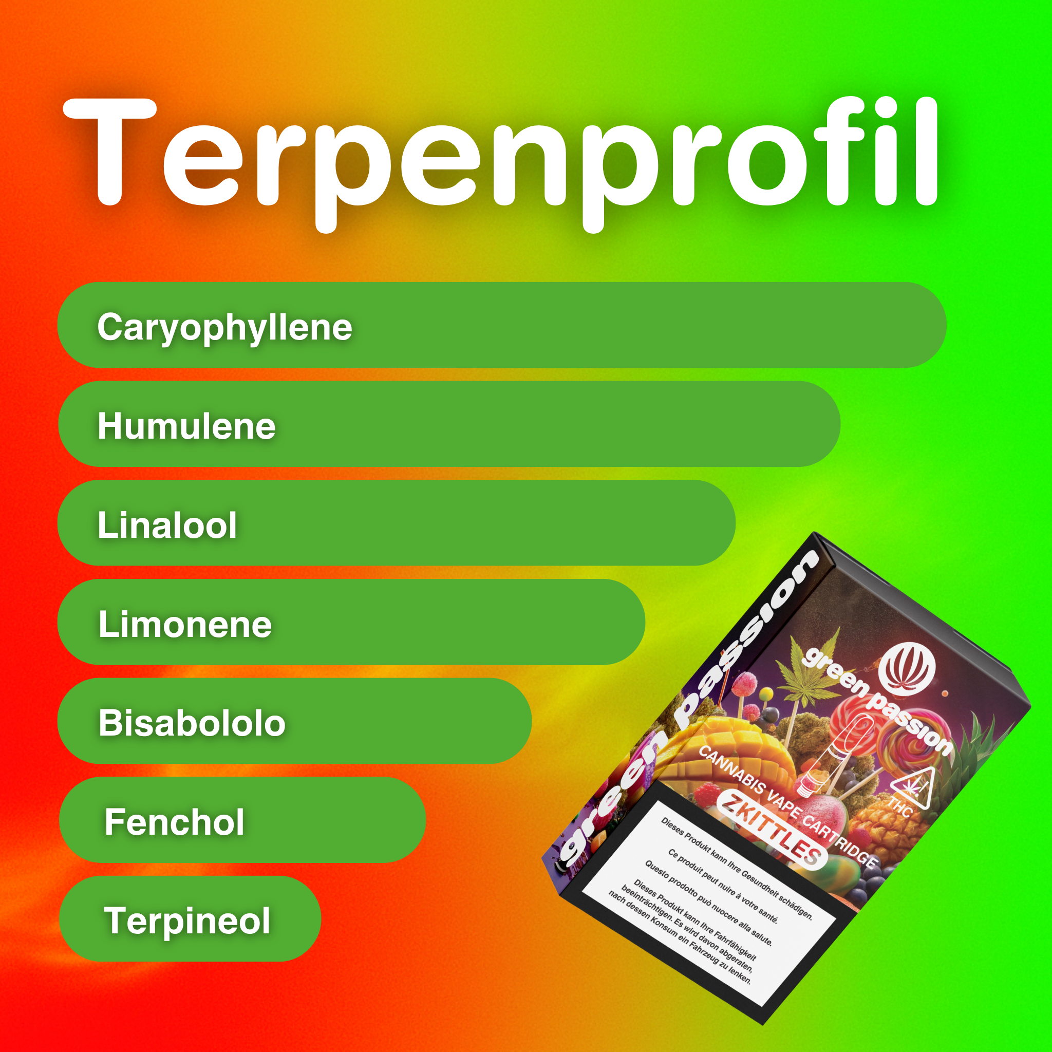 Produktbild der CBD Vape Cartridge Zkittles (55% CBD) mit Terpenprofil, das Caryophyllen, Humulen und Linalool auf farbigem Hintergrund zeigt.