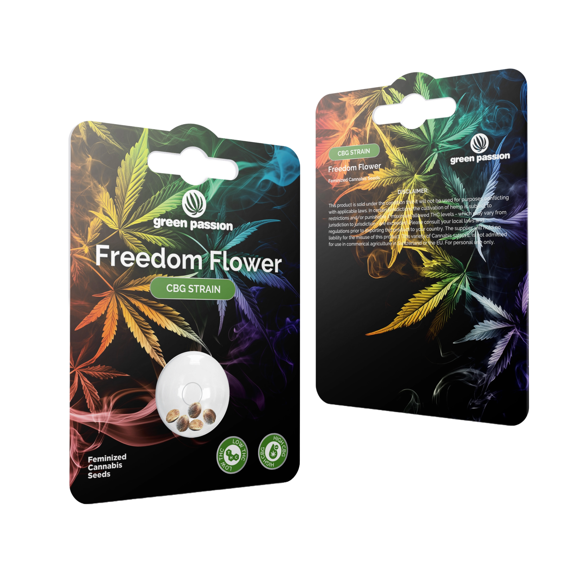 Freedom Flower Graines de CBG de Green Passion – graines de chanvre CBG féminisées dans un design d'emballage unique avec des feuilles de chanvre colorées et des effets de fumée.