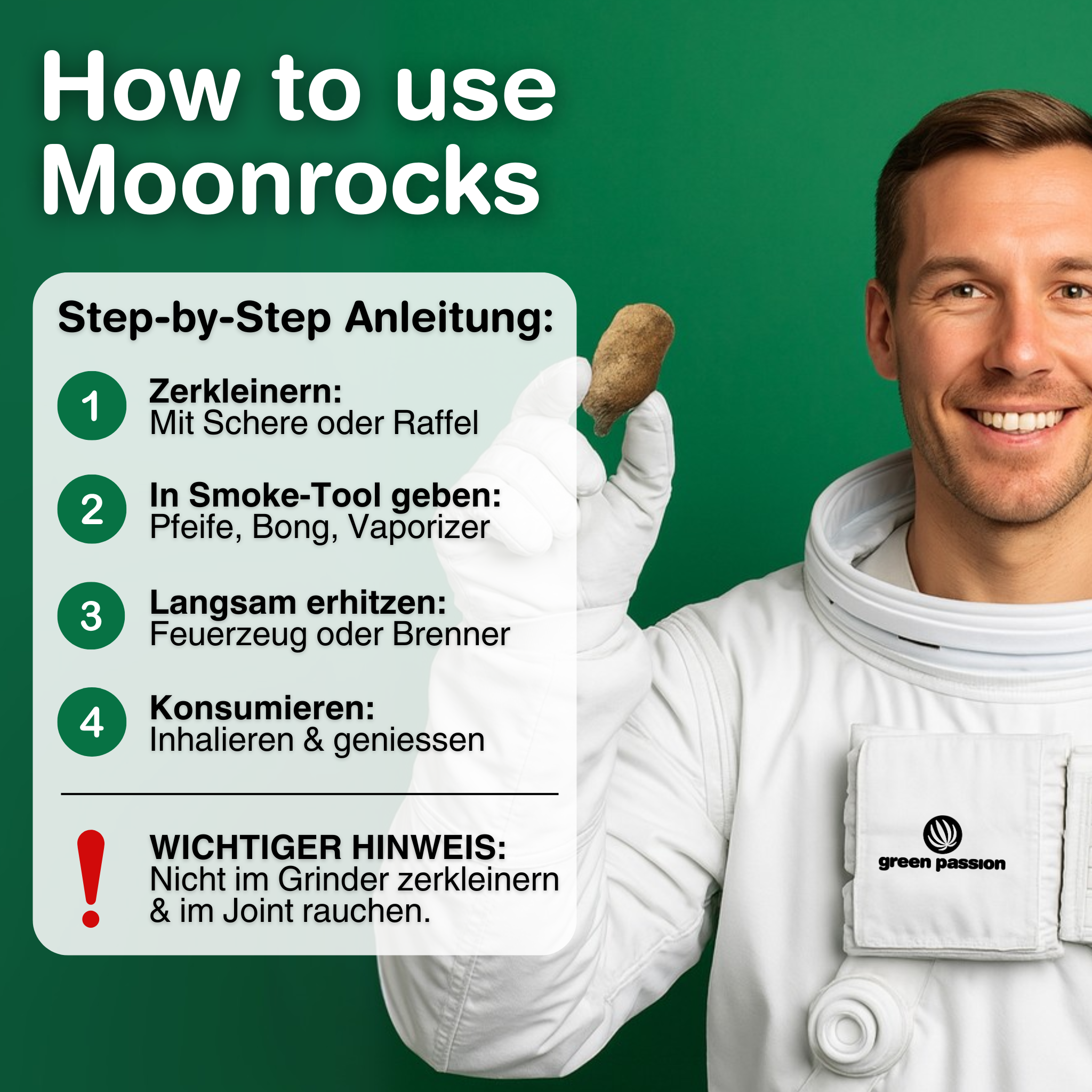Un uomo sorridente in tuta da astronauta tiene in mano del CBD Moonrock. Accanto, una guida all'uso della Moonrocks.