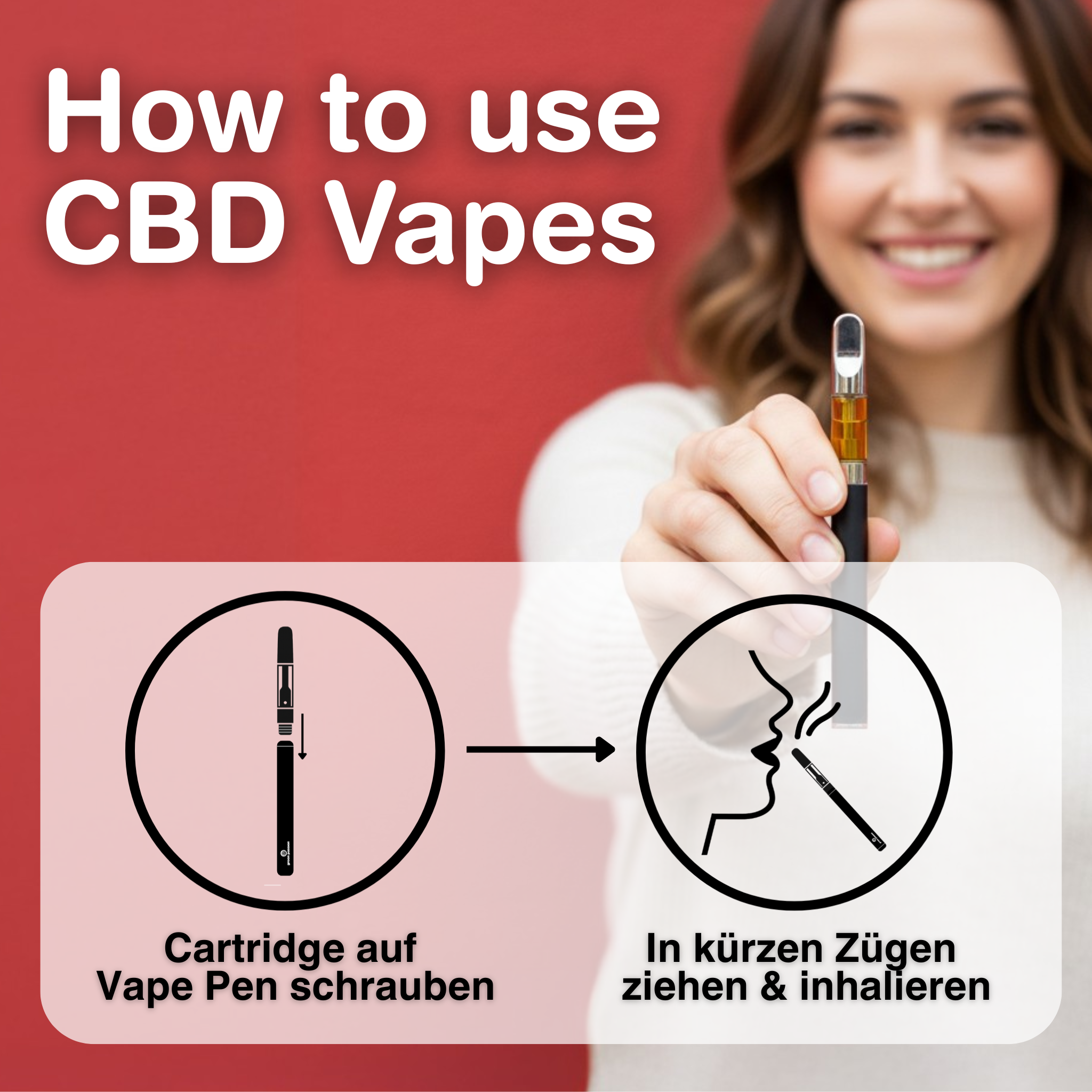 Femme tenant CBD Vape Cartridge Zkittles, montrant comment l'utiliser : dévisser et inhaler. Fond rouge, focus sur le vape pen.