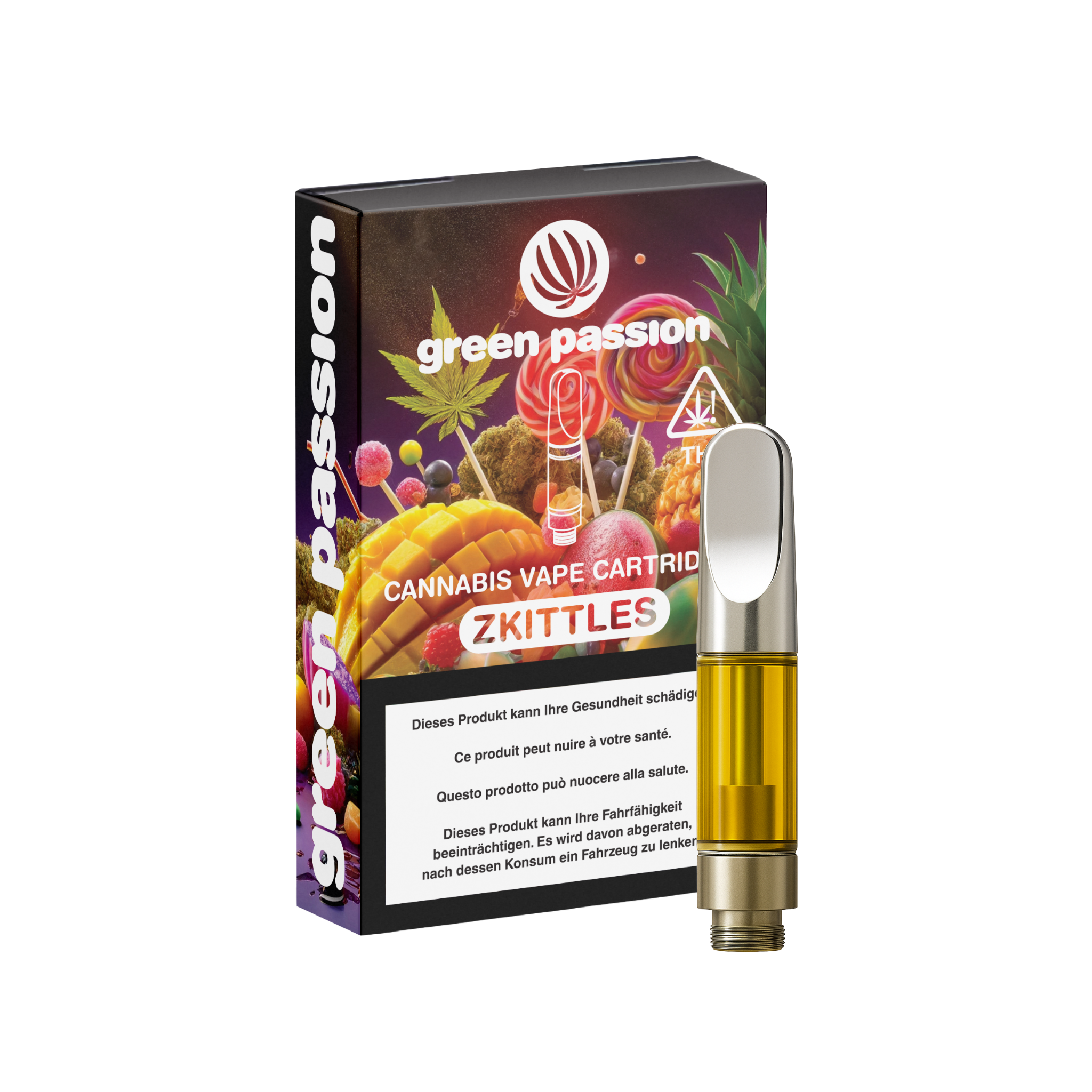 CBD Vape-Cartridge Zkittles von Green Passion kaufen – hochwertige 1ml Kartusche mit fruchtigem Zkittles-Aroma, Verpackung und Kartusche abgebildet.