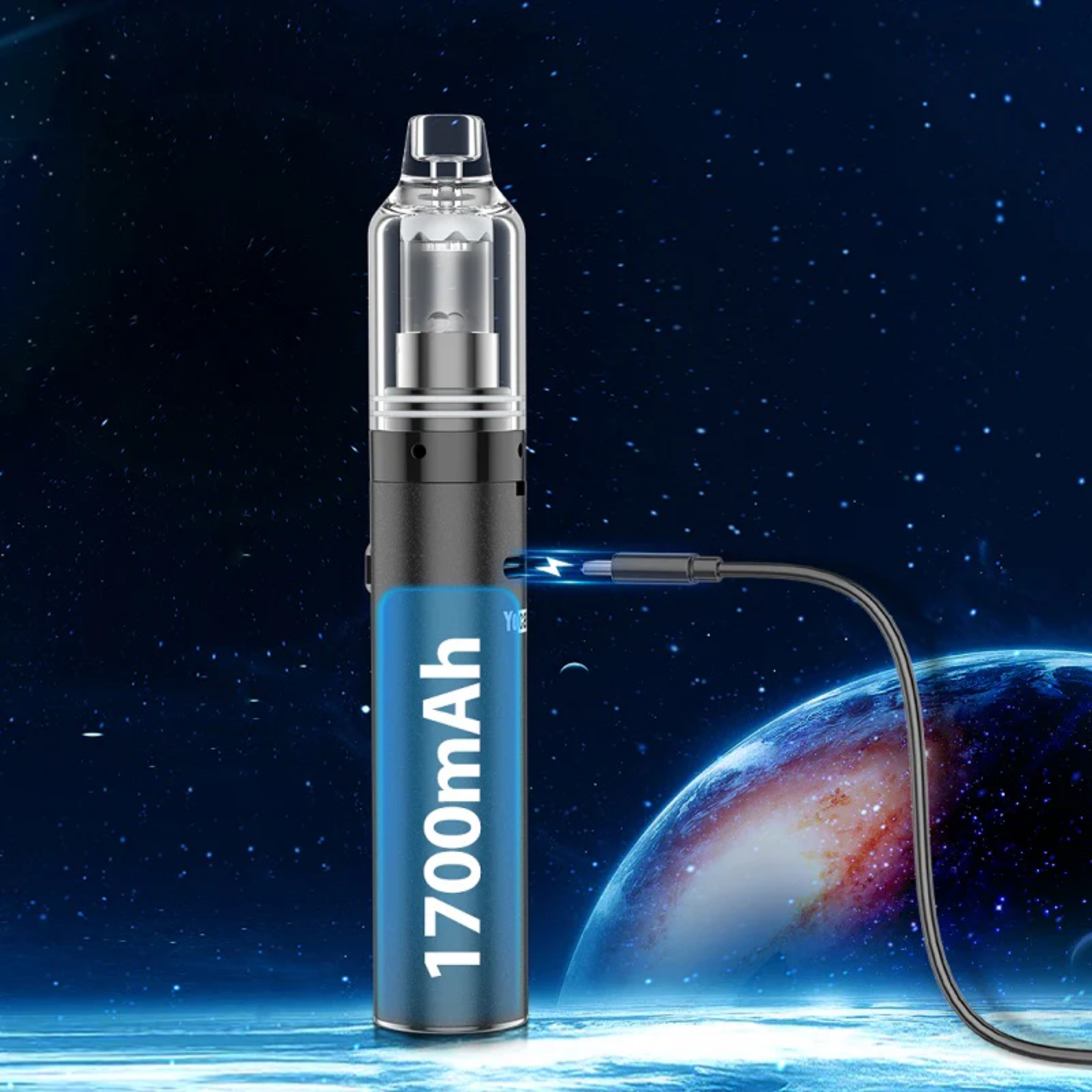 Yocan Orbit Black Mini Dab Rig Vaporizer mit 1700mAh Akku, stilvoll beleuchtet, im Weltraumdesign, verbunden durch ein Ladekabel.