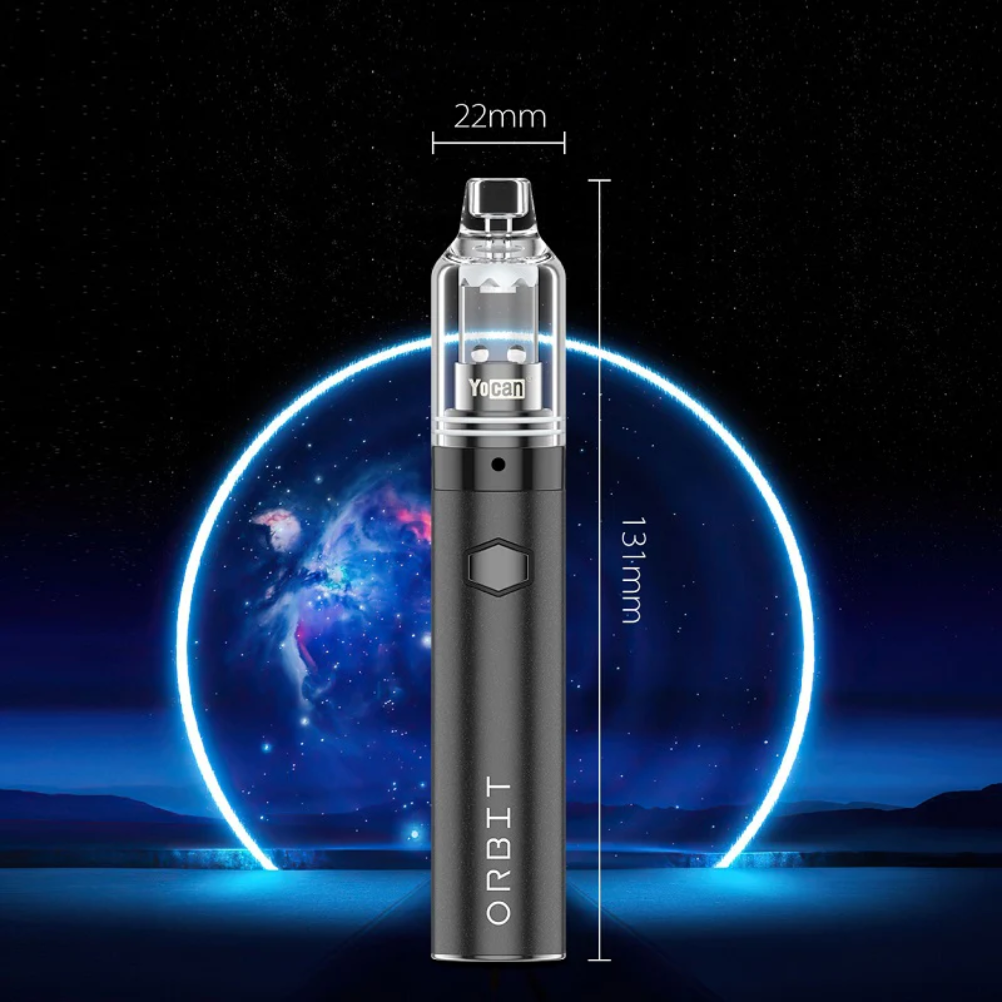 Yocan Orbit Black Mini Dab Rig Vaporizer vor futuristischem, leuchtendem Hintergrund, Maße 22mm x 131mm, stilvolles Design in Schwarz.