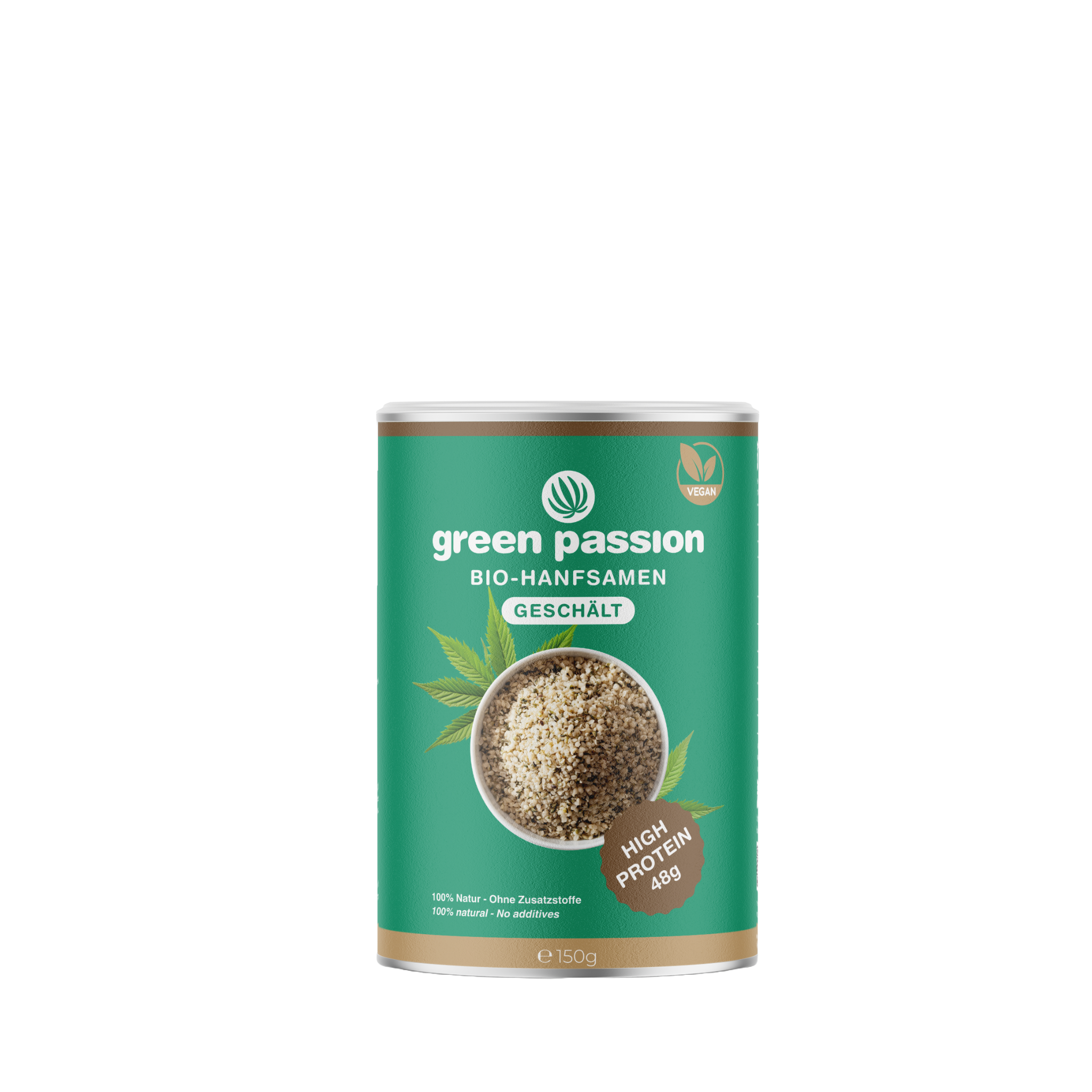 Green Passion Graines de chanvre bio décortiquées – graines de chanvre de haute qualité, véganes et riches en protéines, en boîte de 150g.
